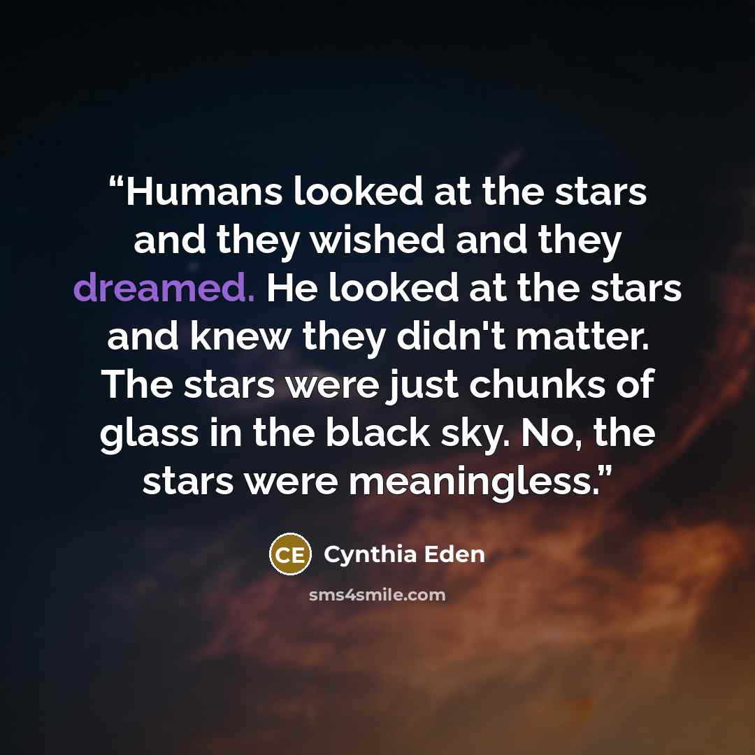 “Humans looked at the stars and they wished and they dreamed. He looked at the stars and knew they didn't matter. The stars were just chunks of glass in the black sky. No, the stars were meaningless.” quote by Cynthia Eden