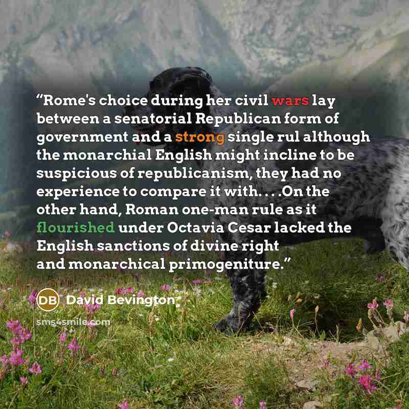“Rome's choice during her civil wars lay between a senatorial Republican form of government and a strong single rul although the monarchial English might incline to be suspicious of republicanism, they had no experience to compare it with. . . .On the other hand, Roman one-man rule as it flourished…” quote by David Bevington
