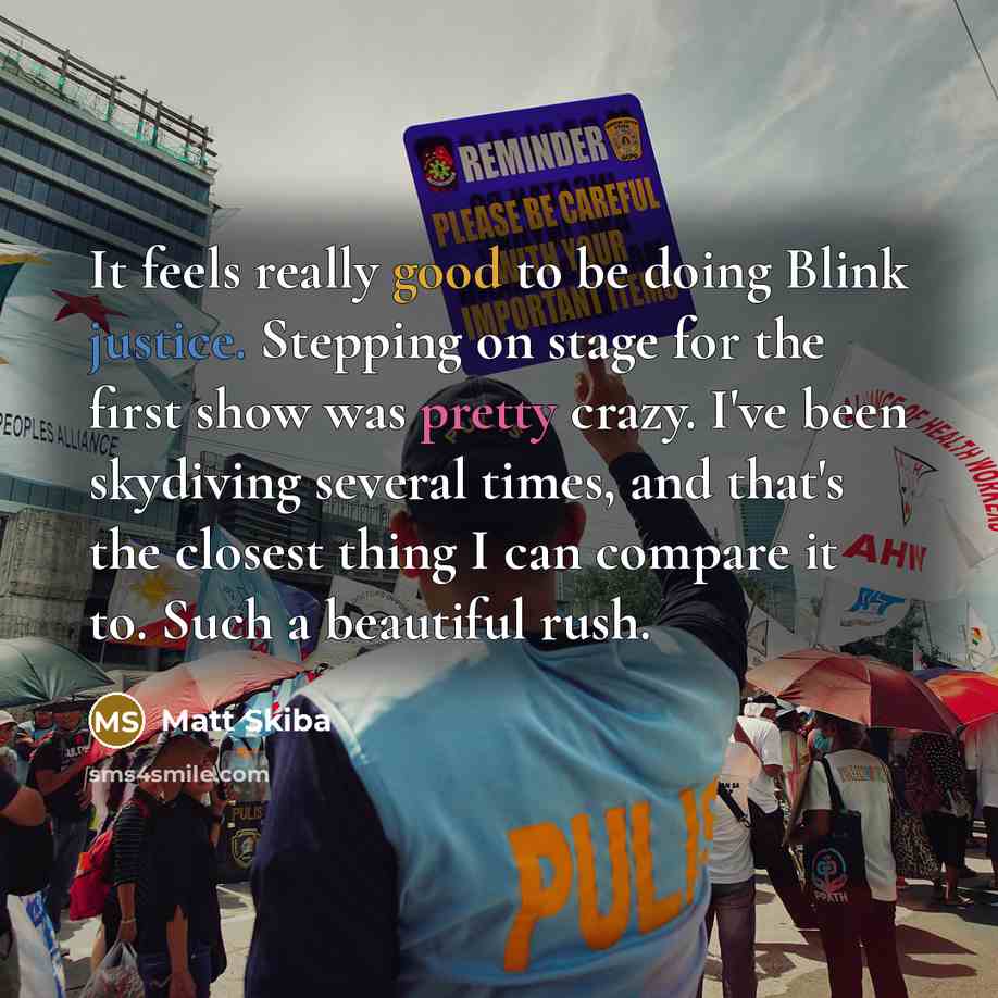 “It feels really good to be doing Blink justice. Stepping on stage for the first show was pretty crazy. I've been skydiving several times, and that's the closest thing I can compare it to. Such a beautiful rush.” quote by Matt Skiba