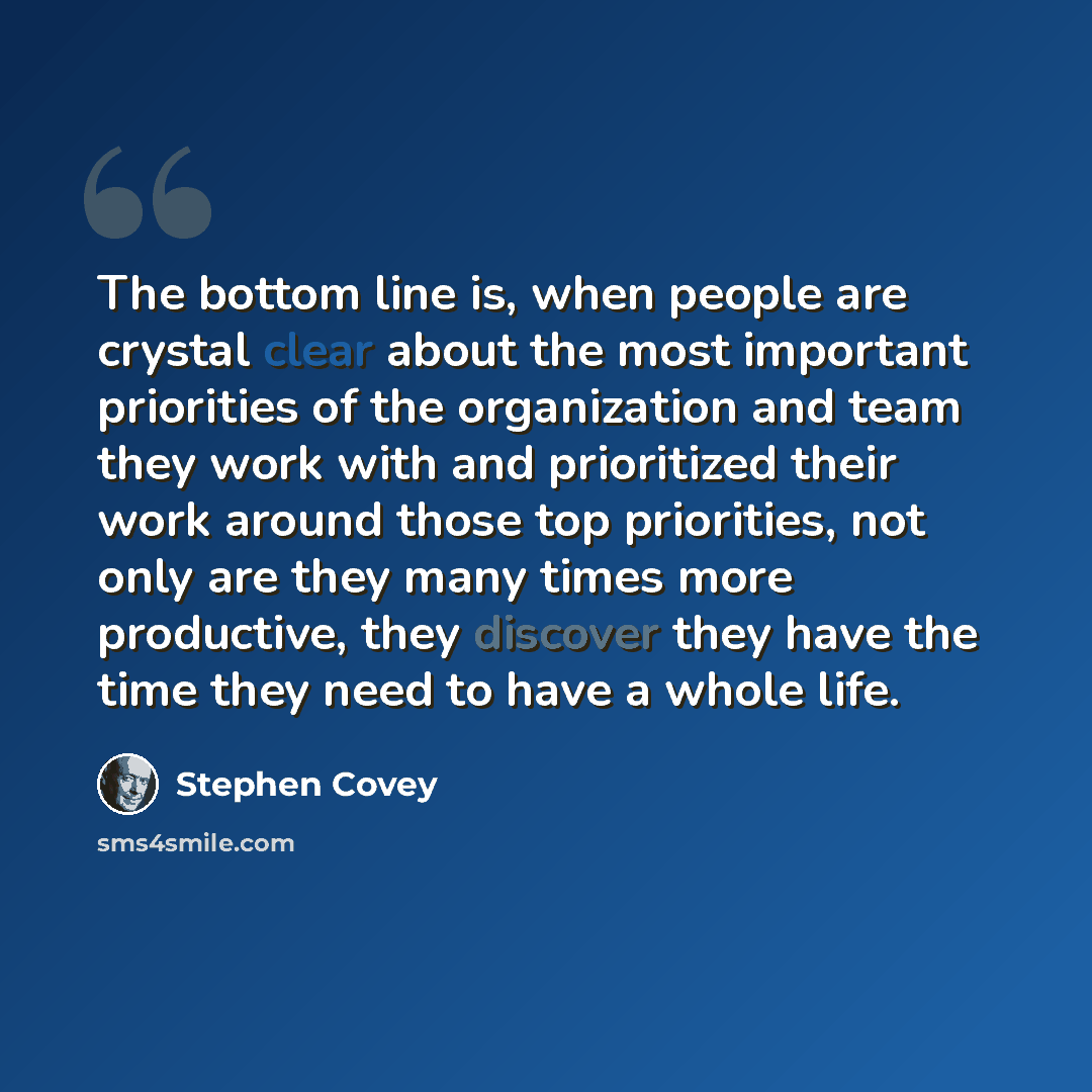 “The bottom line is, when people are crystal clear about the most important priorities of the organization and team they work with and prioritized their work around those top priorities, not only are they many times more productive, they discover they have the time they need to have a whole life.” quote by Stephen Covey