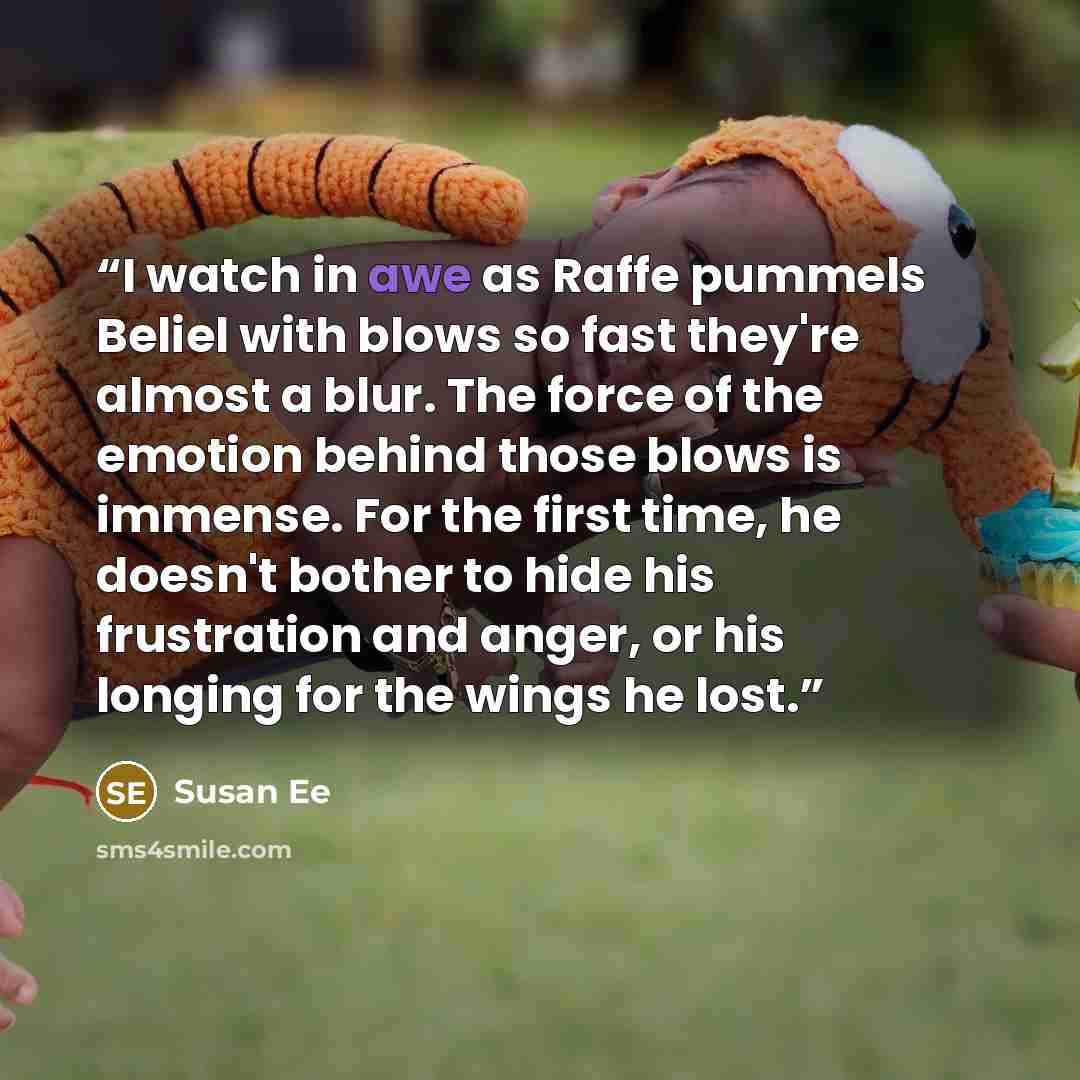 “I watch in awe as Raffe pummels Beliel with blows so fast they're almost a blur. The force of the emotion behind those blows is immense. For the first time, he doesn't bother to hide his frustration and anger, or his longing for the wings he lost.” quote by Susan Ee