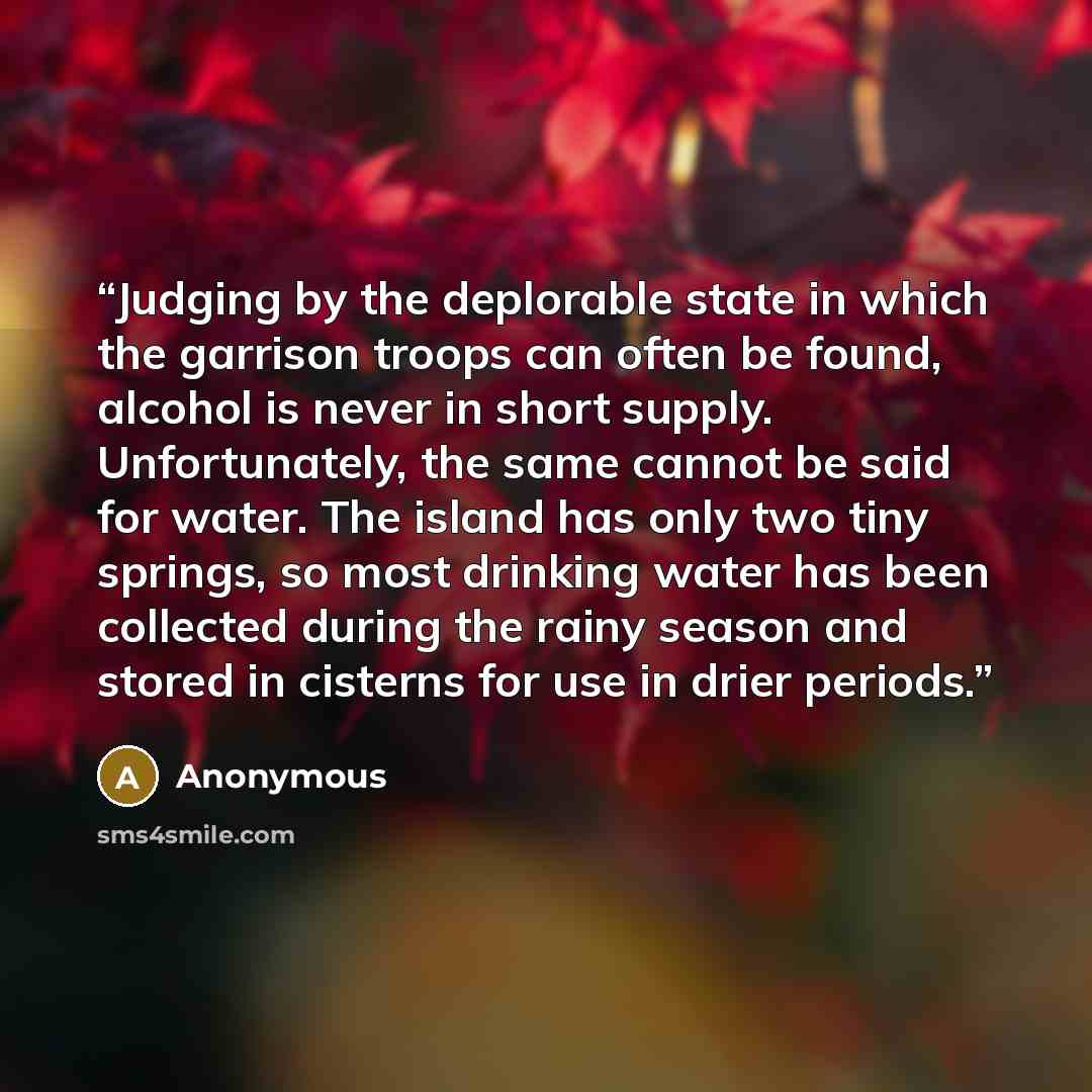 “Judging by the deplorable state in which the garrison troops can often be found, alcohol is never in short supply. Unfortunately, the same cannot be said for water. The island has only two tiny springs, so most drinking water has been collected during the rainy season and stored in cisterns for…” quote by Anonymous