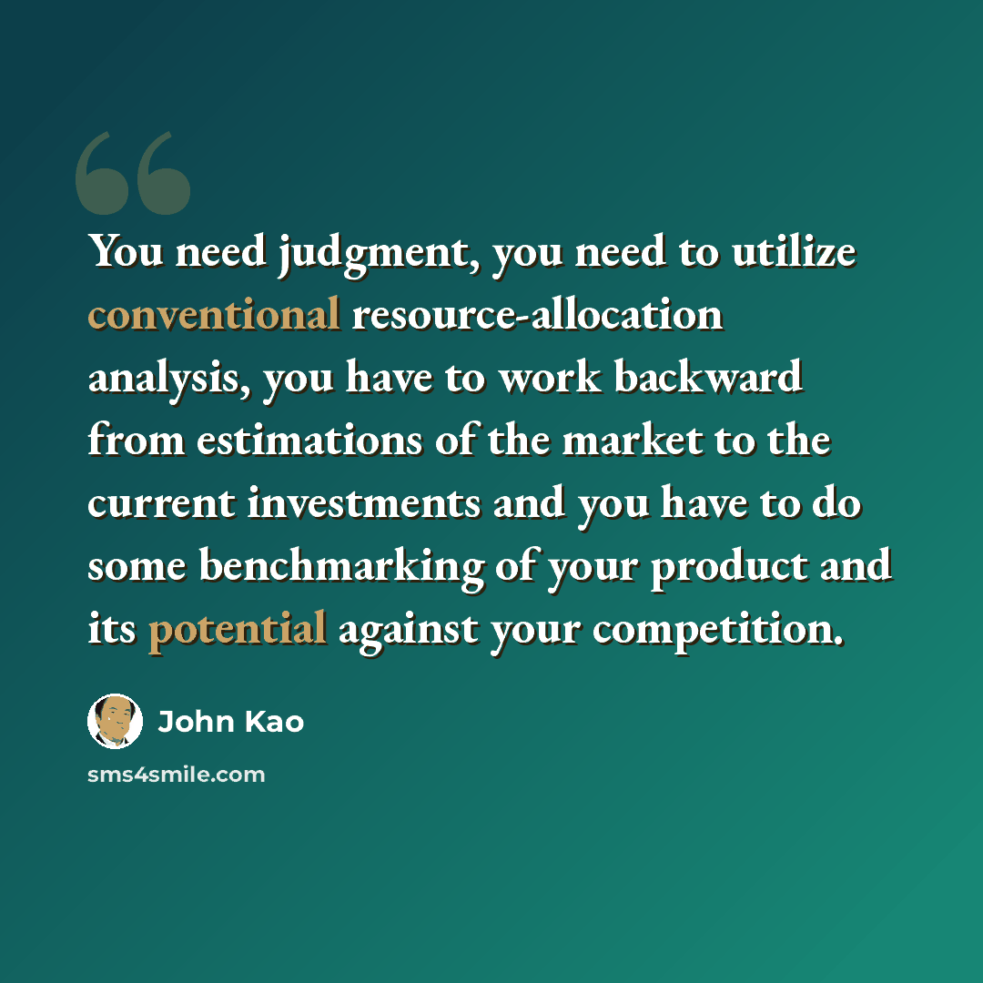 “You need judgment, you need to utilize conventional resource-allocation analysis, you have to work backward from estimations of the market to the current investments and you have to do some benchmarking of your product and its potential against your competition.” quote by John Kao