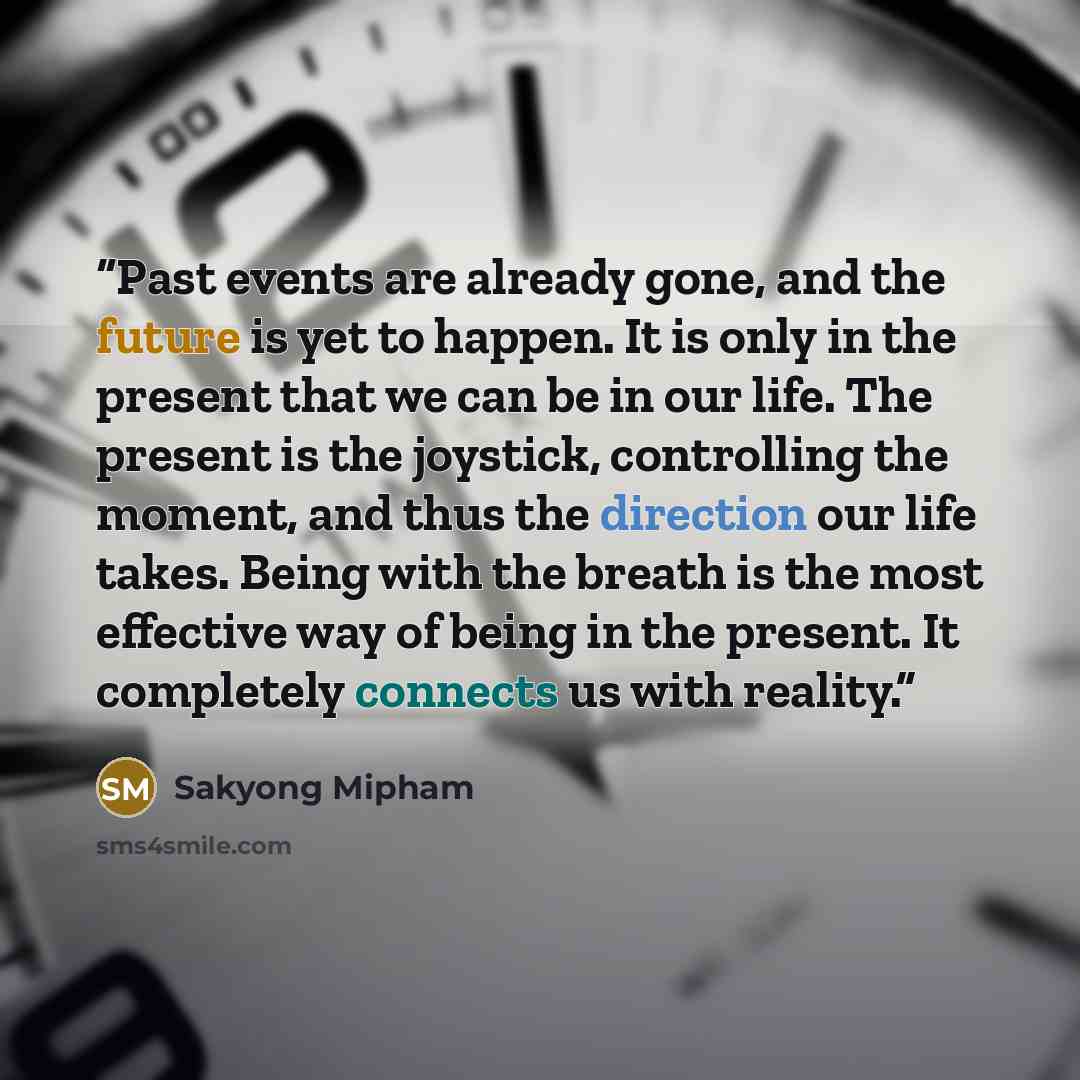“Past events are already gone, and the future is yet to happen. It is only in the present that we can be in our life. The present is the joystick, controlling the moment, and thus the direction our life takes. Being with the breath is the most effective way of being in the present. It completely…” quote by Sakyong Mipham