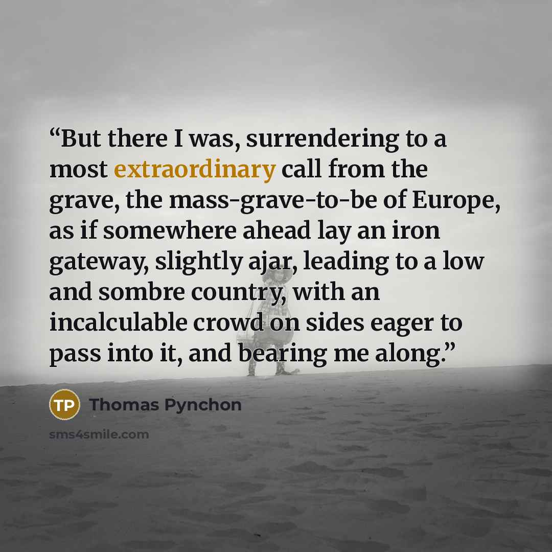 “But there I was, surrendering to a most extraordinary call from the grave, the mass-grave-to-be of Europe, as if somewhere ahead lay an iron gateway, slightly ajar, leading to a low and sombre country, with an incalculable crowd on sides eager to pass into it, and bearing me along.” quote by Thomas Pynchon