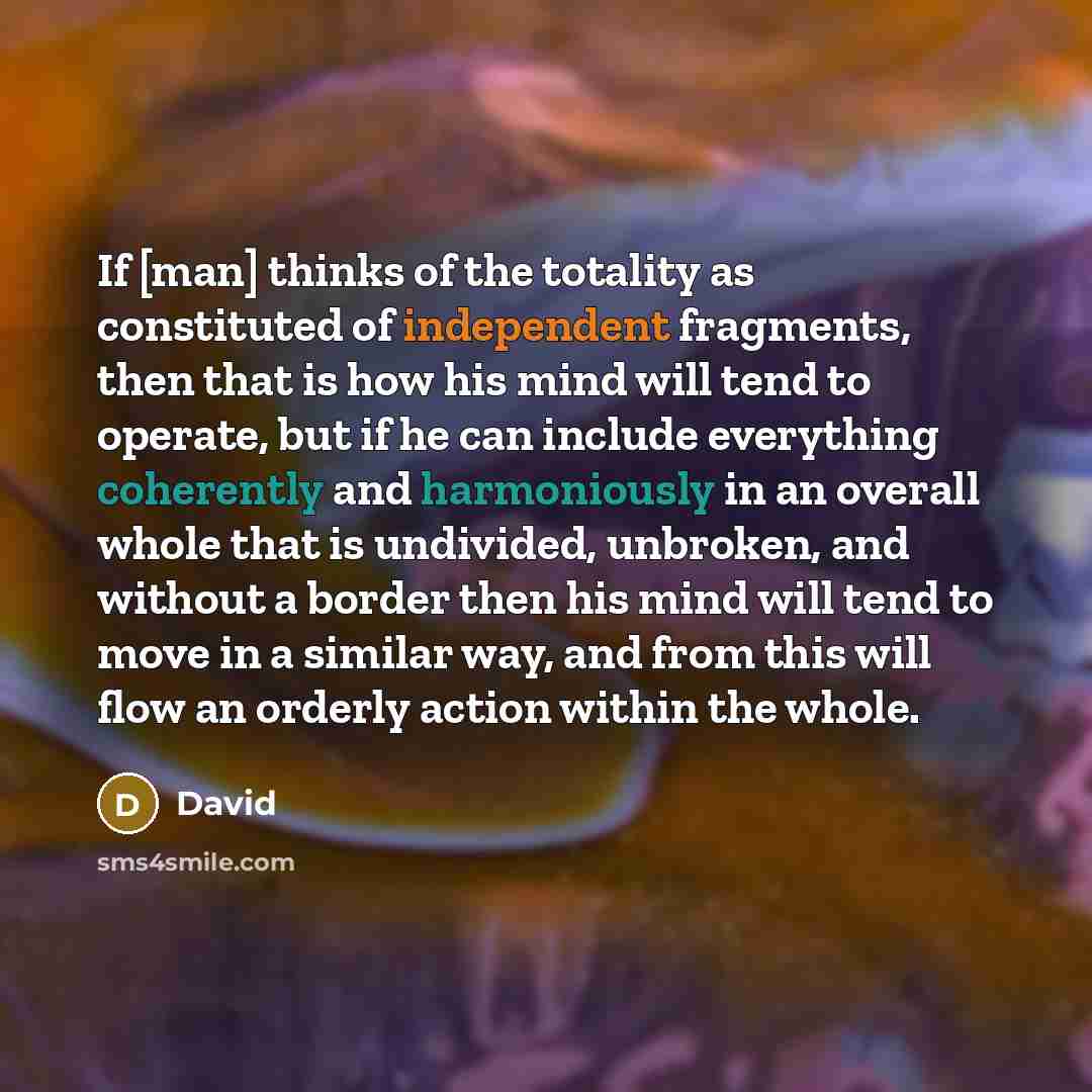 “If [man] thinks of the totality as constituted of independent fragments, then that is how his mind will tend to operate, but if he can include everything coherently and harmoniously in an overall whole that is undivided, unbroken, and without a border then his mind will tend to move in a similar…” quote by David