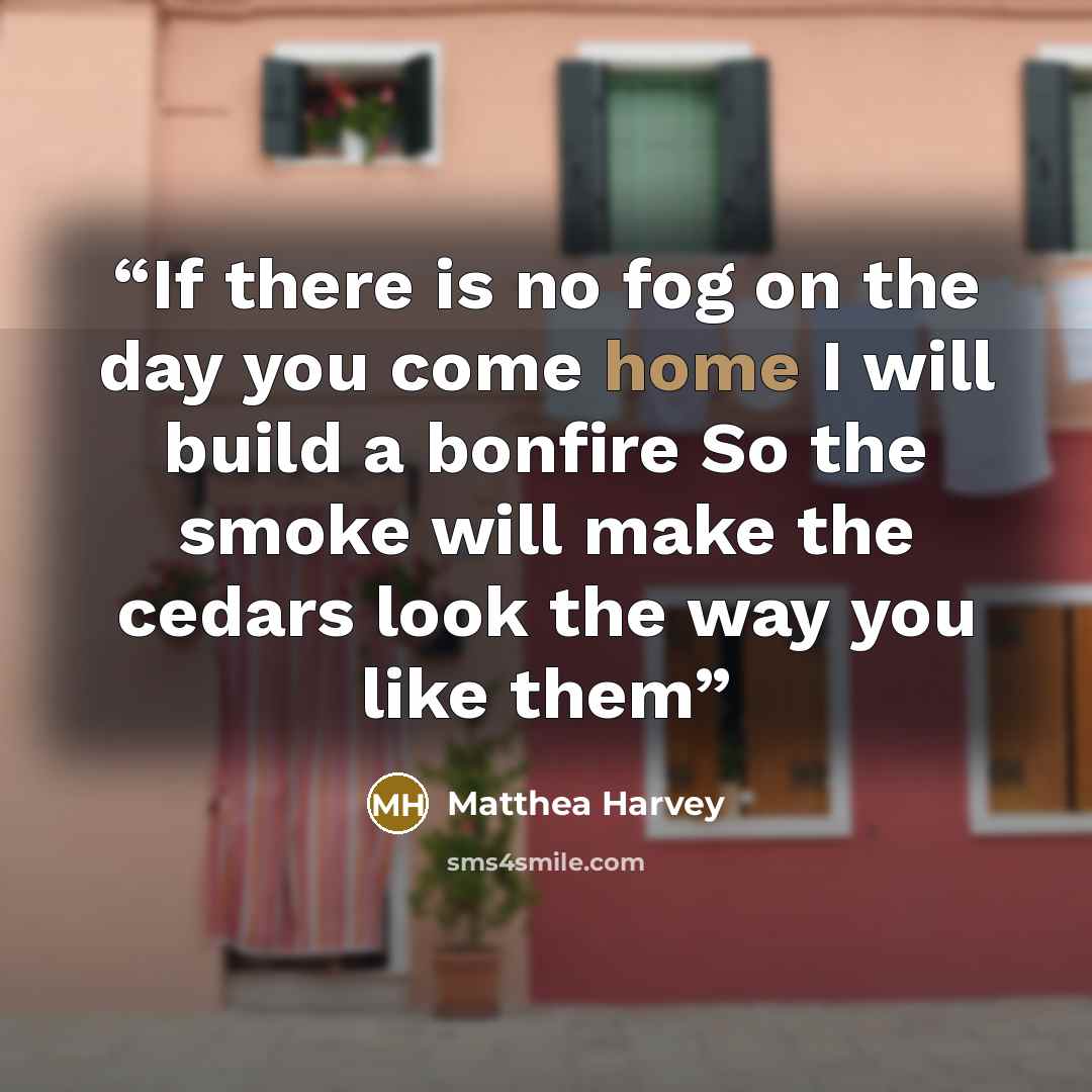 “If there is no fog on the day you come home I will build a bonfire So the smoke will make the cedars look the way you like them” quote by Matthea Harvey
