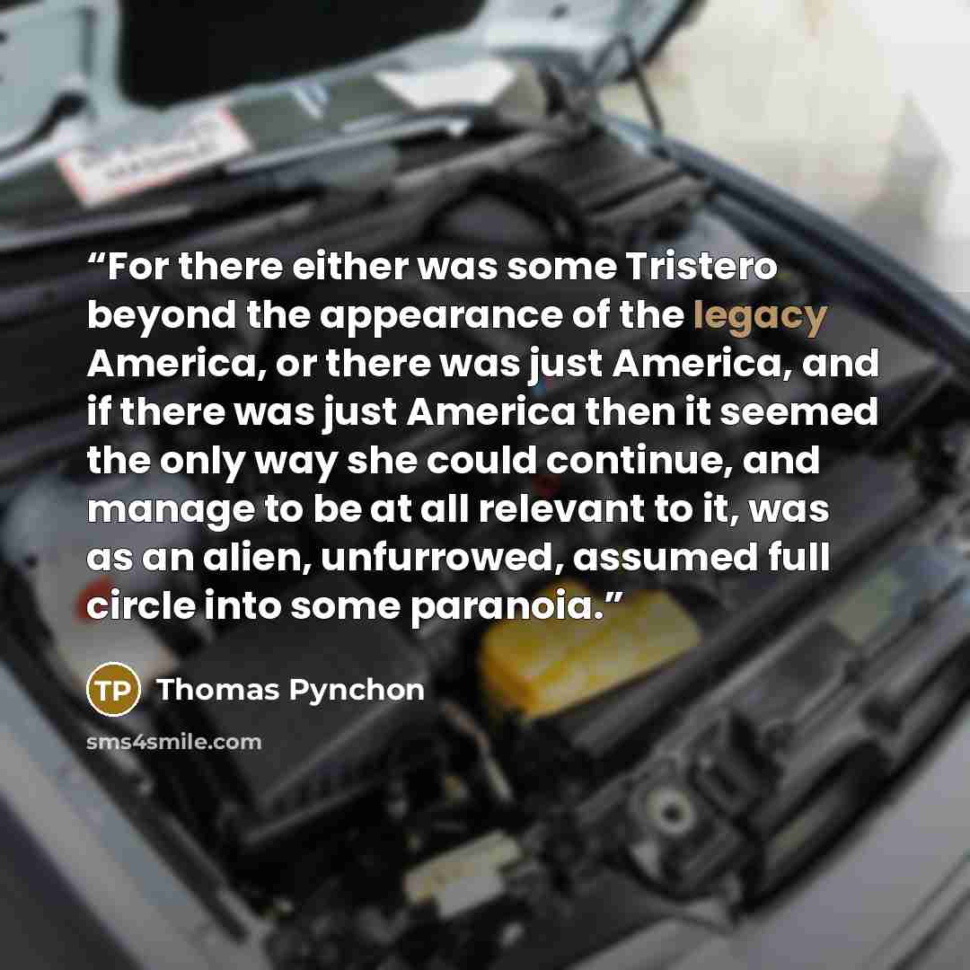 “For there either was some Tristero beyond the appearance of the legacy America, or there was just America, and if there was just America then it seemed the only way she could continue, and manage to be at all relevant to it, was as an alien, unfurrowed, assumed full circle into some paranoia.” quote by Thomas Pynchon
