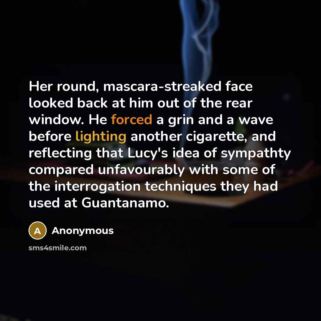 “Her round, mascara-streaked face looked back at him out of the rear window. He forced a grin and a wave before lighting another cigarette, and reflecting that Lucy's idea of sympathty compared unfavourably with some of the interrogation techniques they had used at Guantanamo.” quote by Anonymous