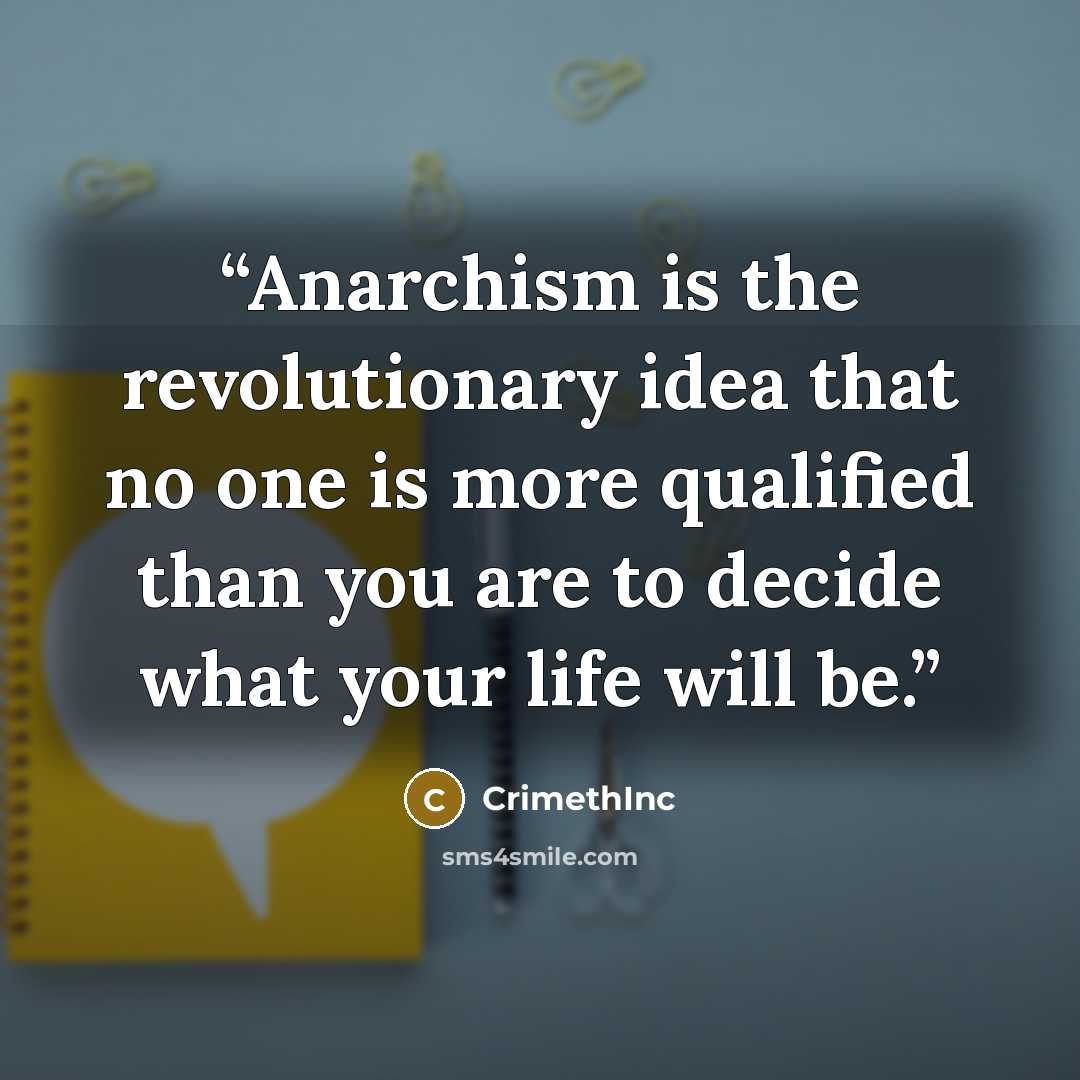“Anarchism is the revolutionary idea that no one is more qualified than you are to decide what your life will be.” quote by Crimethinc