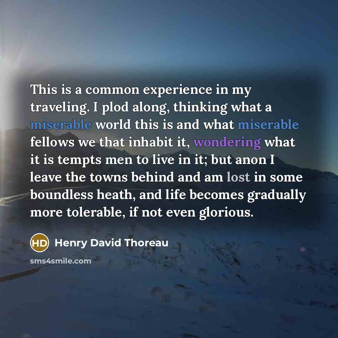 “This is a common experience in my traveling. I plod along, thinking what a miserable world this is and what miserable fellows we that inhabit it, wondering what it is tempts men to live in it; but anon I leave the towns behind and am lost in some boundless heath, and life becomes gradually more…” quote by Henry David Thoreau