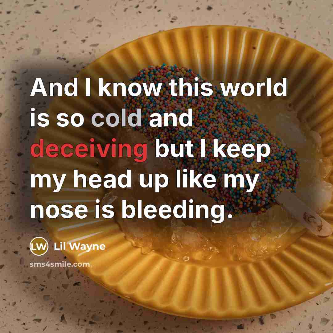“And I know this world is so cold and deceiving but I keep my head up like my nose is bleeding.” quote by Lil Wayne