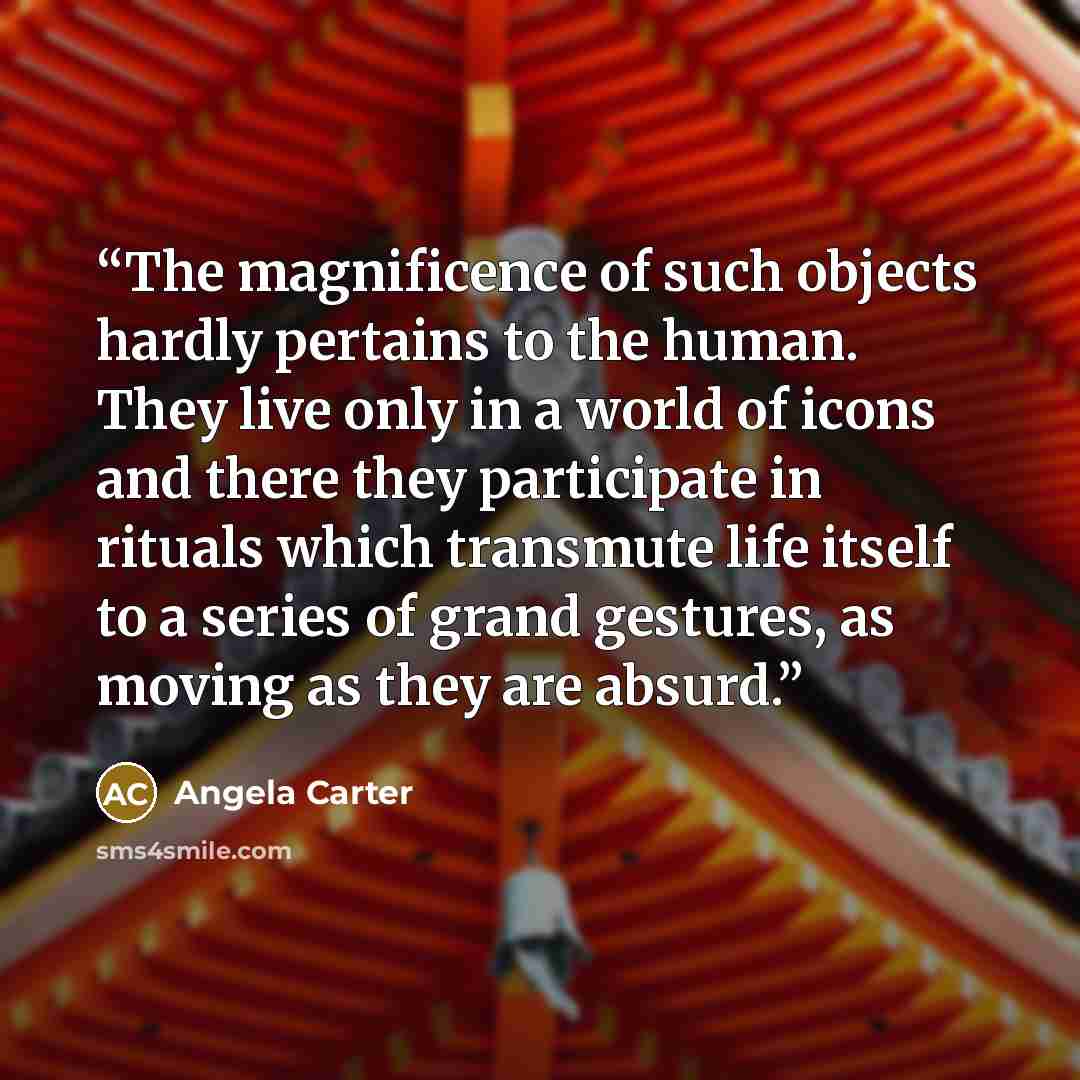 “The magnificence of such objects hardly pertains to the human. They live only in a world of icons and there they participate in rituals which transmute life itself to a series of grand gestures, as moving as they are absurd.” quote by Angela Carter