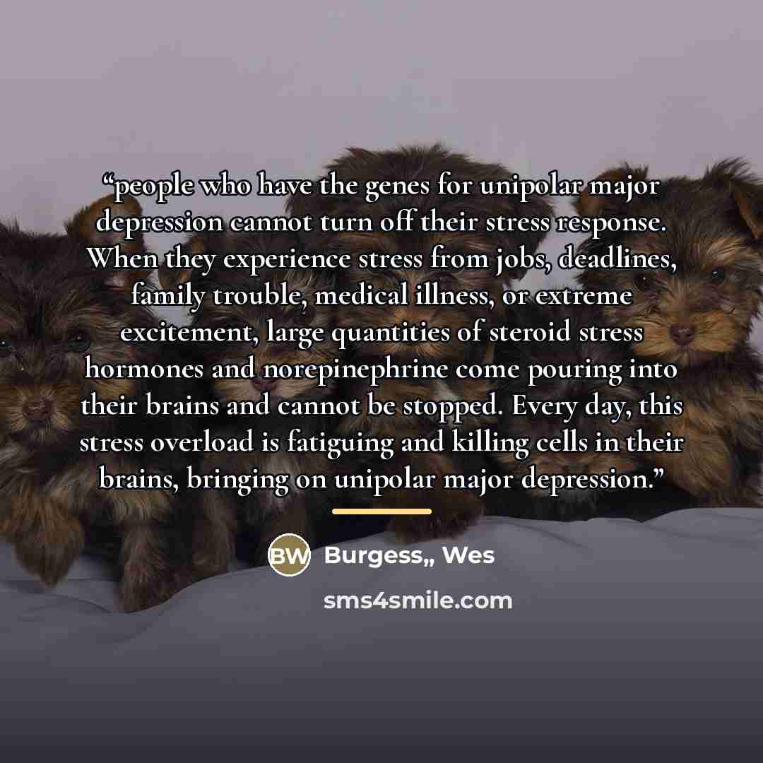 “people who have the genes for unipolar major depression cannot turn off their stress response. When they experience stress from jobs, deadlines, family trouble, medical illness, or extreme excitement, large quantities of steroid stress hormones and norepinephrine come pouring into their brains and…” quote by Burgess,, Wes