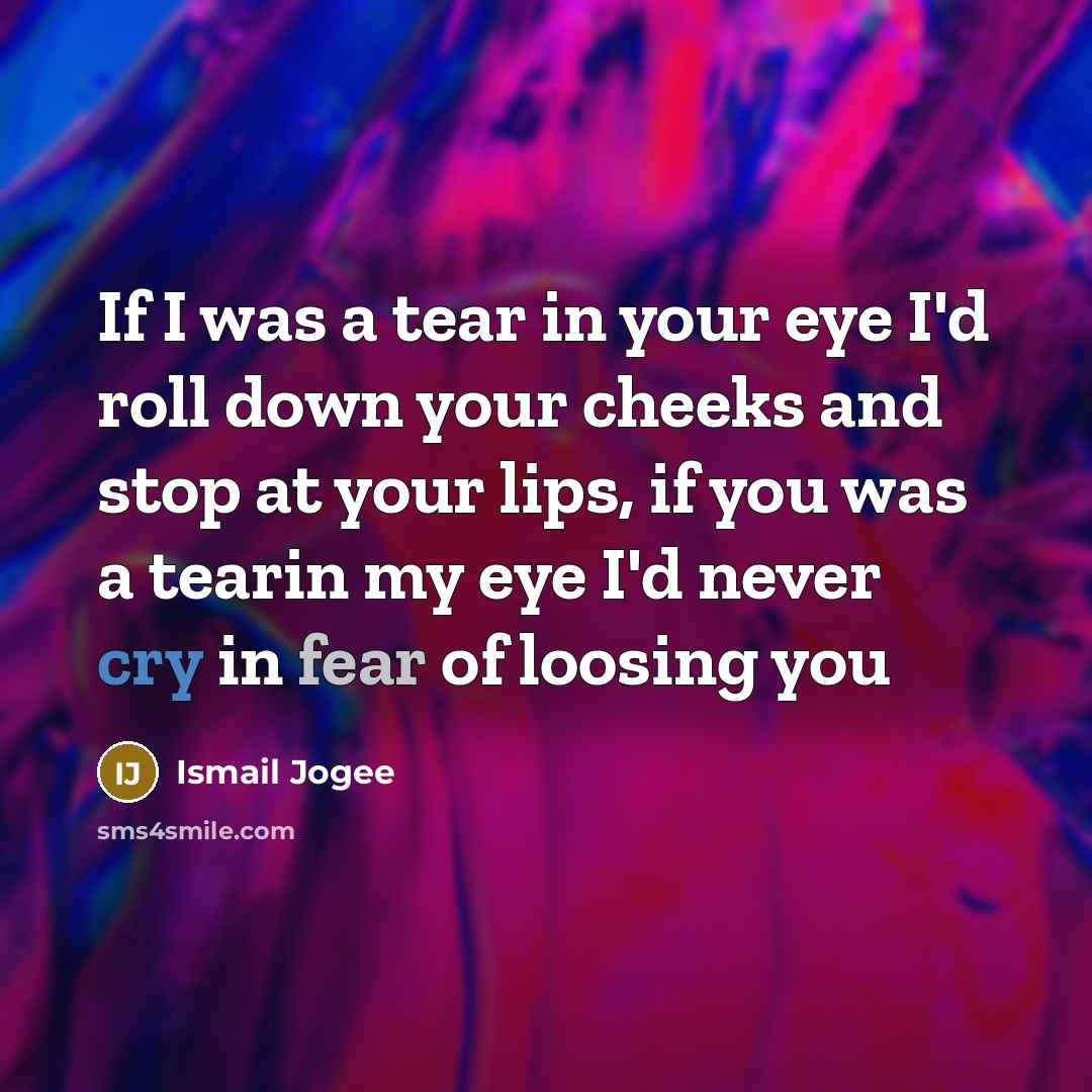 “If I was a tear in your eye I'd roll down your cheeks and stop at your lips, if you was a tearin my eye I'd never cry in fear of loosing you” quote by Ismail Jogee