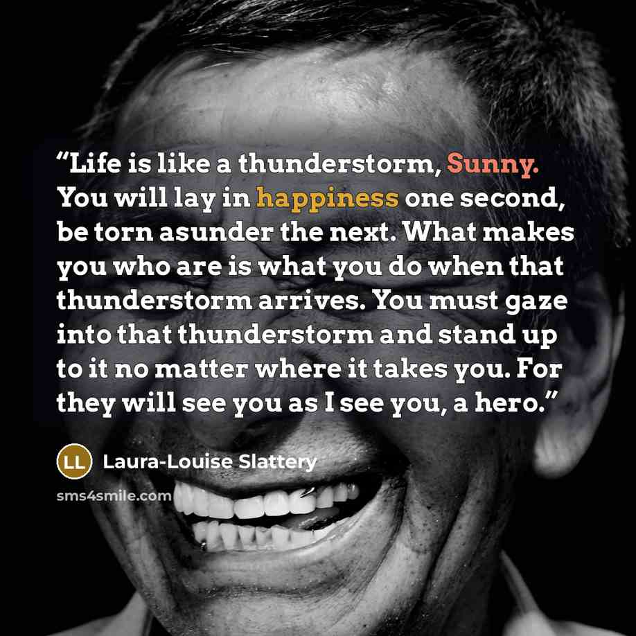 “Life is like a thunderstorm, Sunny. You will lay in happiness one second, be torn asunder the next. What makes you who are is what you do when that thunderstorm arrives. You must gaze into that thunderstorm and stand up to it no matter where it takes you. For they will see you as I see you, a hero.” quote by Laura-Louise Slattery