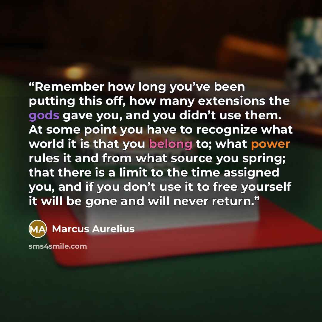 “Remember how long you’ve been putting this off, how many extensions the gods gave you, and you didn’t use them. At some point you have to recognize what world it is that you belong to; what power rules it and from what source you spring; that there is a limit to the time assigned you, and if you…” quote by Marcus Aurelius