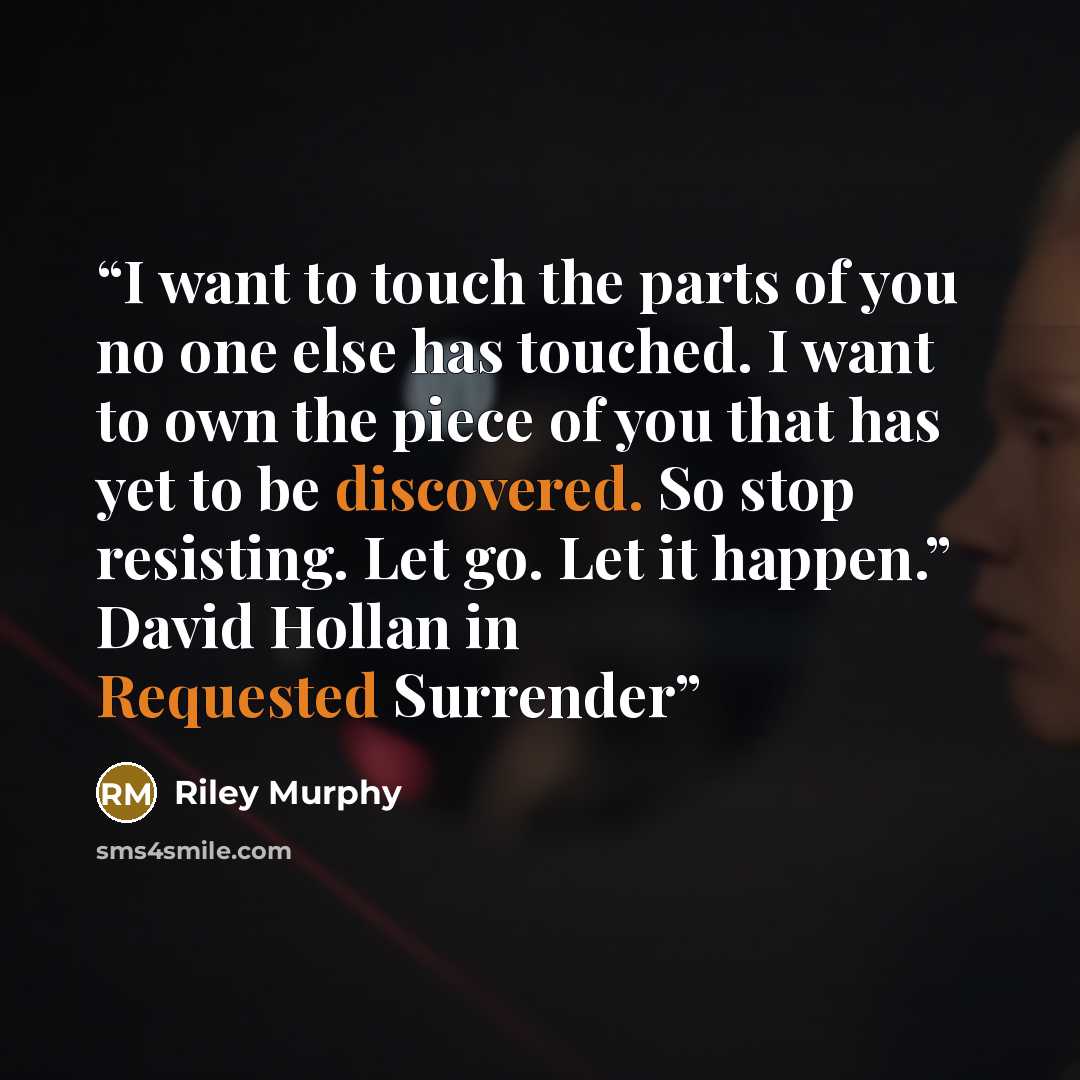 “I want to touch the parts of you no one else has touched. I want to own the piece of you that has yet to be discovered. So stop resisting. Let go. Let it happen.” David Hollan in Requested Surrender” quote by Riley Murphy