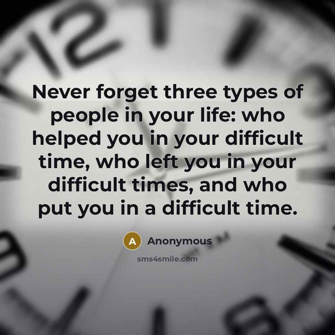 “Never forget three types of people in your life: who helped you in your difficult time, who left you in your difficult times, and who put you in a difficult time.” quote by Anonymous