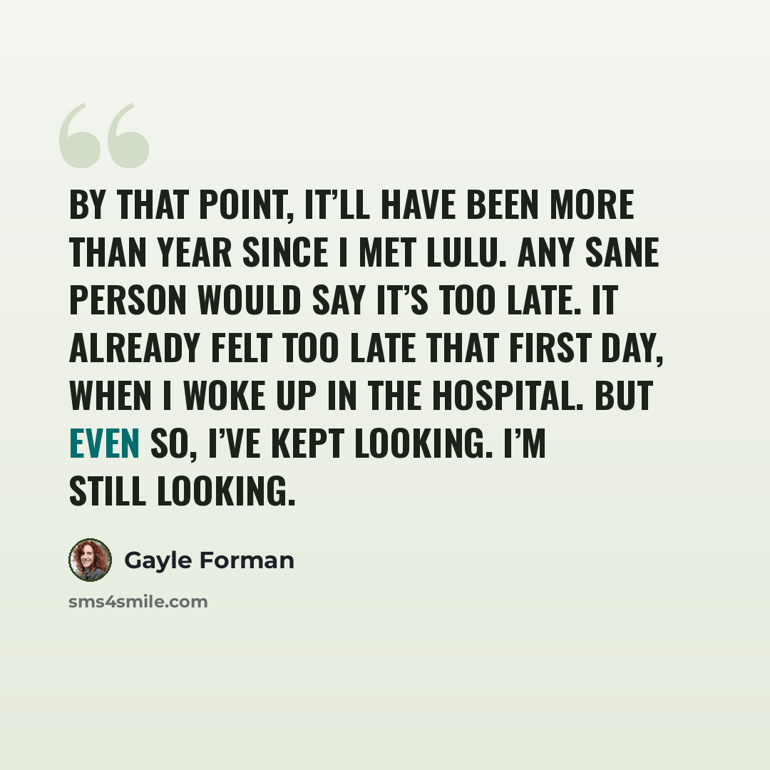 “By that point, it’ll have been more than year since I met Lulu. Any sane person would say it’s too late. It already felt too late that first day, when I woke up in the hospital. But even so, I’ve kept looking. I’m still looking.” quote by Gayle Forman
