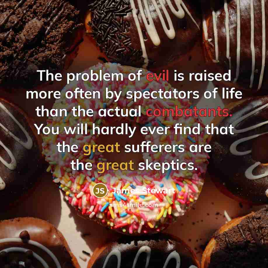 “The problem of evil is raised more often by spectators of life than the actual combatants. You will hardly ever find that the great sufferers are the great skeptics.” quote by James Stewart