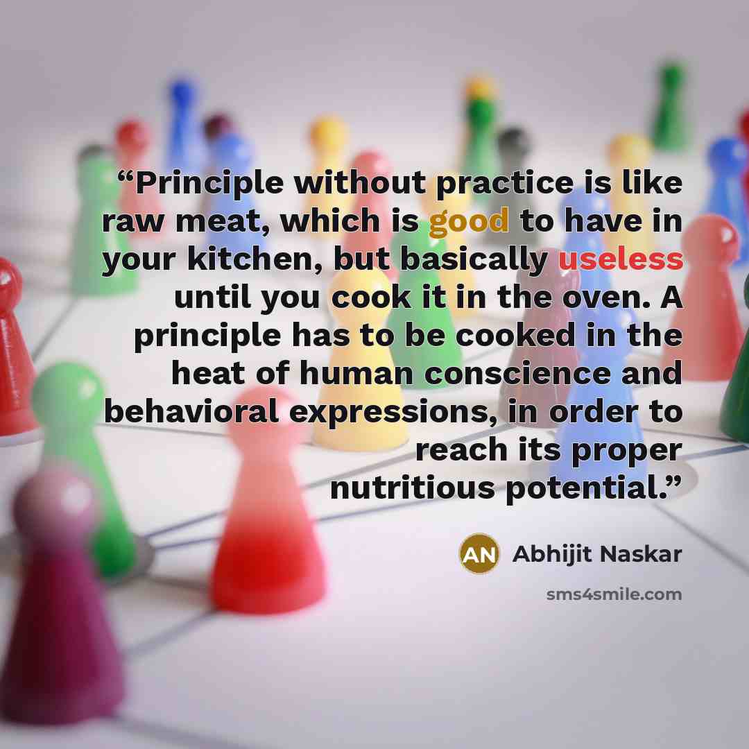 “Principle without practice is like raw meat, which is good to have in your kitchen, but basically useless until you cook it in the oven. A principle has to be cooked in the heat of human conscience and behavioral expressions, in order to reach its proper nutritious potential.” quote by Abhijit Naskar