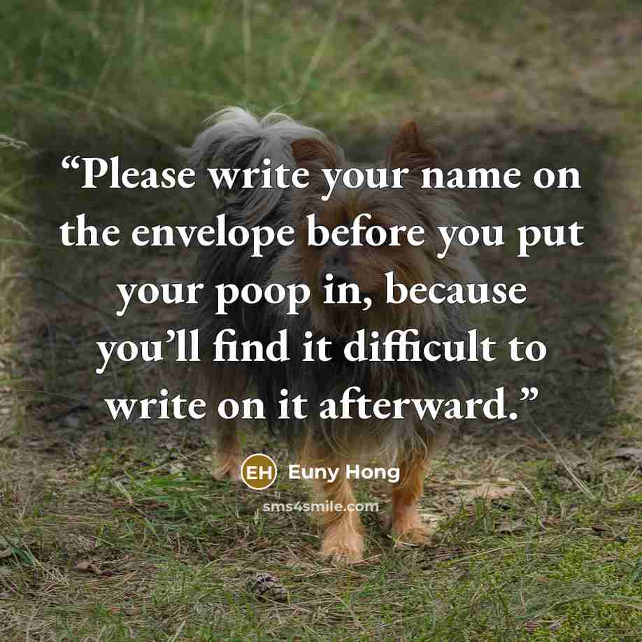 “Please write your name on the envelope before you put your poop in, because you’ll find it difficult to write on it afterward.” quote by Euny Hong
