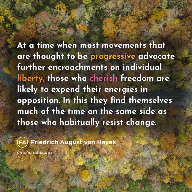“At a time when most movements that are thought to be progressive advocate further encroachments on individual liberty, those who cherish freedom are likely to expend their energies in opposition. In this they find themselves much of the time on the same side as those who habitually resist change.” quote by Friedrich August von Hayek