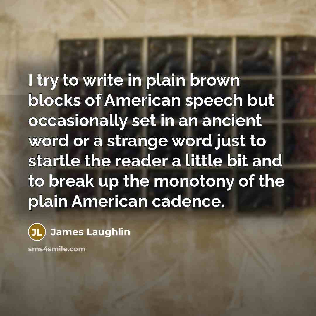 “I try to write in plain brown blocks of American speech but occasionally set in an ancient word or a strange word just to startle the reader a little bit and to break up the monotony of the plain American cadence.” quote by James Laughlin