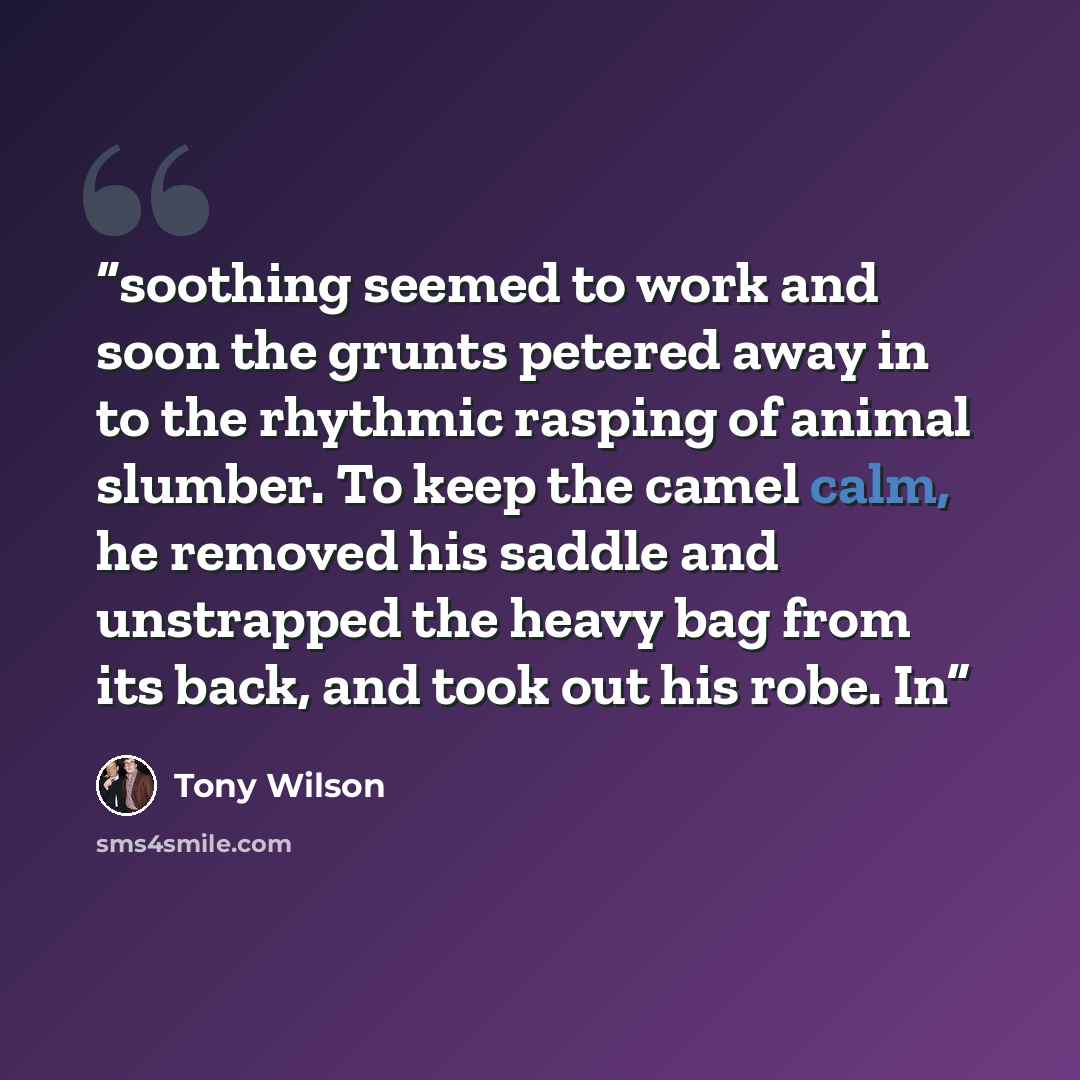 “soothing seemed to work and soon the grunts petered away in to the rhythmic rasping of animal slumber. To keep the camel calm, he removed his saddle and unstrapped the heavy bag from its back, and took out his robe. In” quote by Tony Wilson