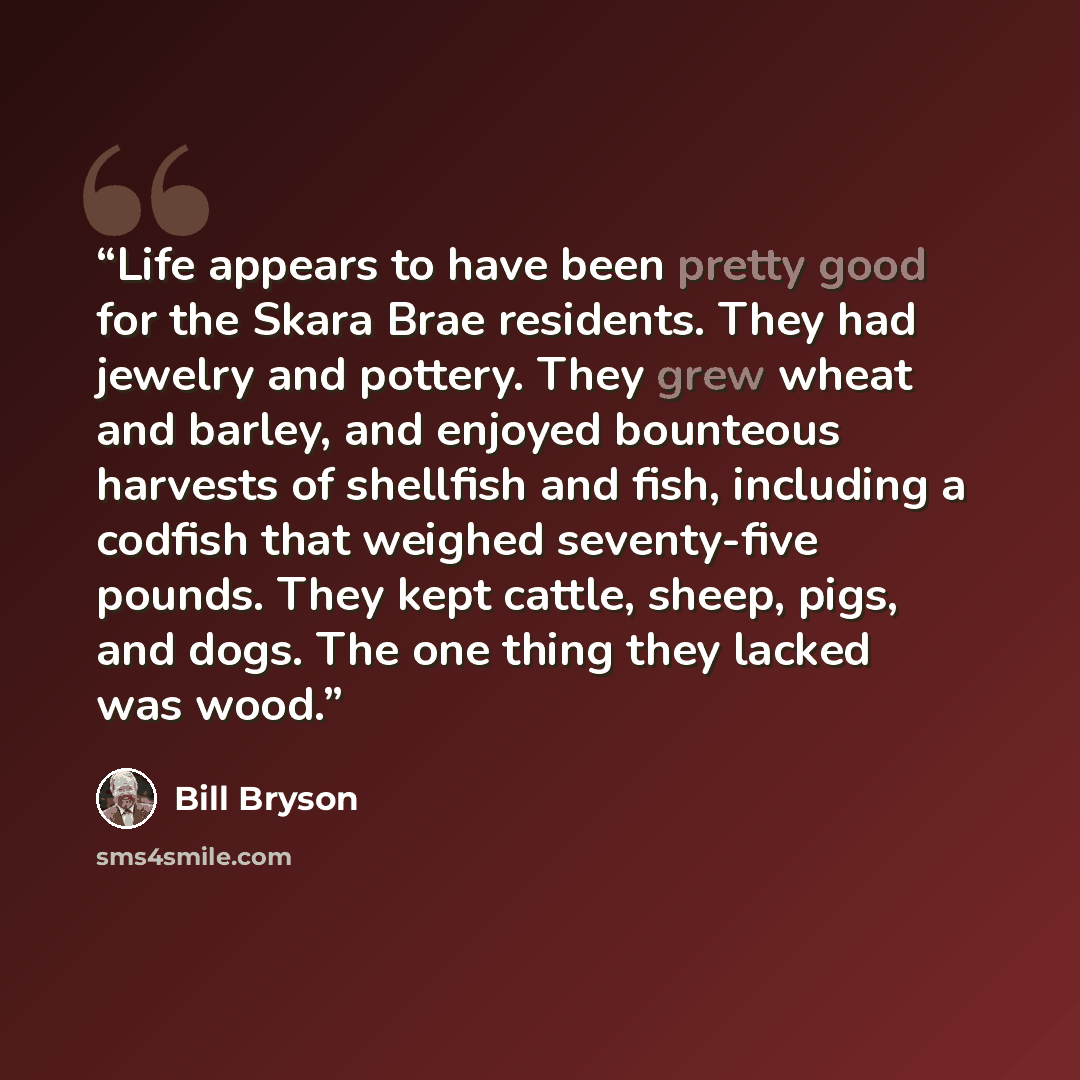 “Life appears to have been pretty good for the Skara Brae residents. They had jewelry and pottery. They grew wheat and barley, and enjoyed bounteous harvests of shellfish and fish, including a codfish that weighed seventy-five pounds. They kept cattle, sheep, pigs, and dogs. The one thing they…” quote by Bill Bryson