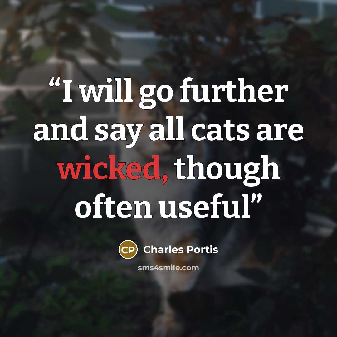 “I will go further and say all cats are wicked, though often useful” quote by Charles Portis