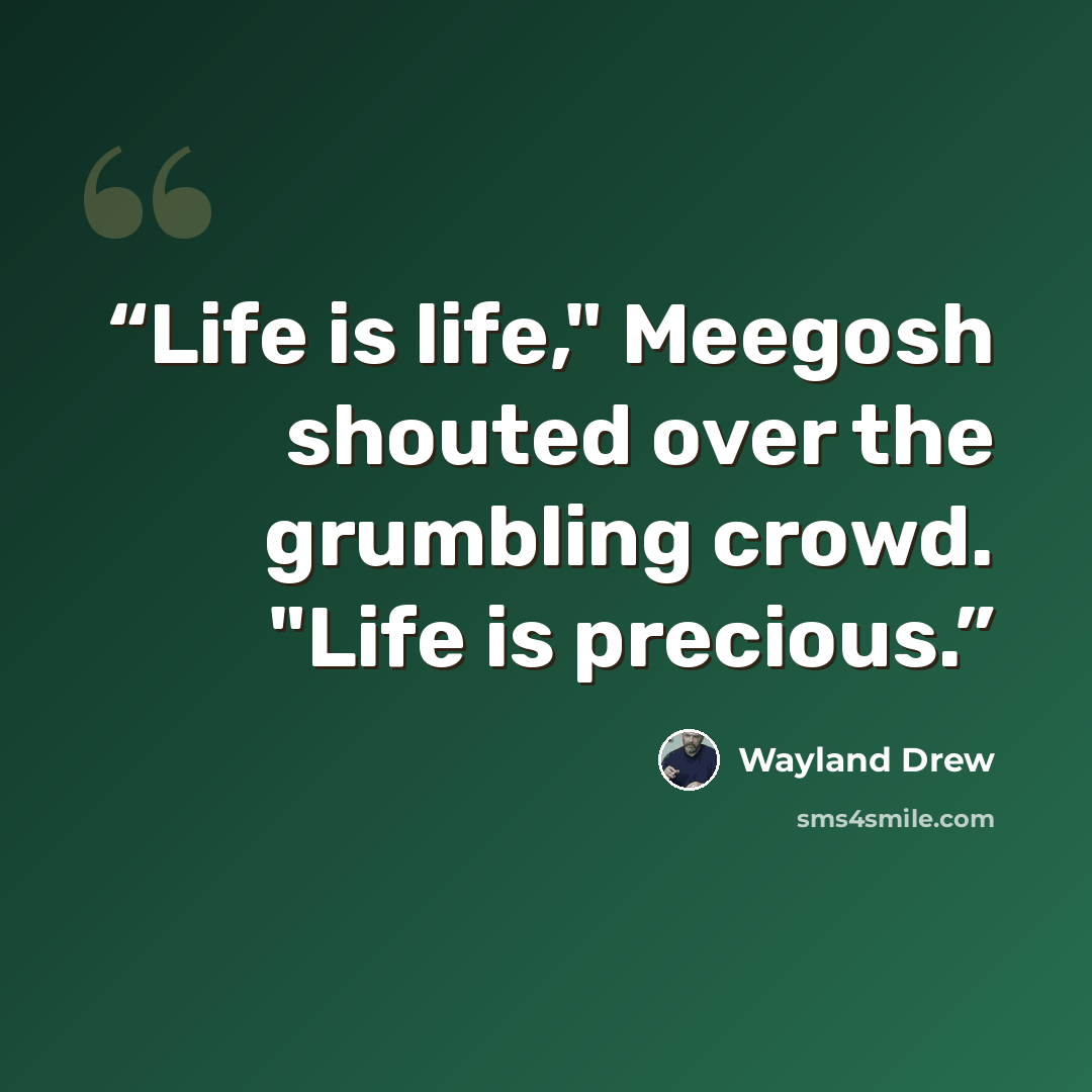 “Life is life," Meegosh shouted over the grumbling crowd. "Life is precious.” quote by Wayland Drew