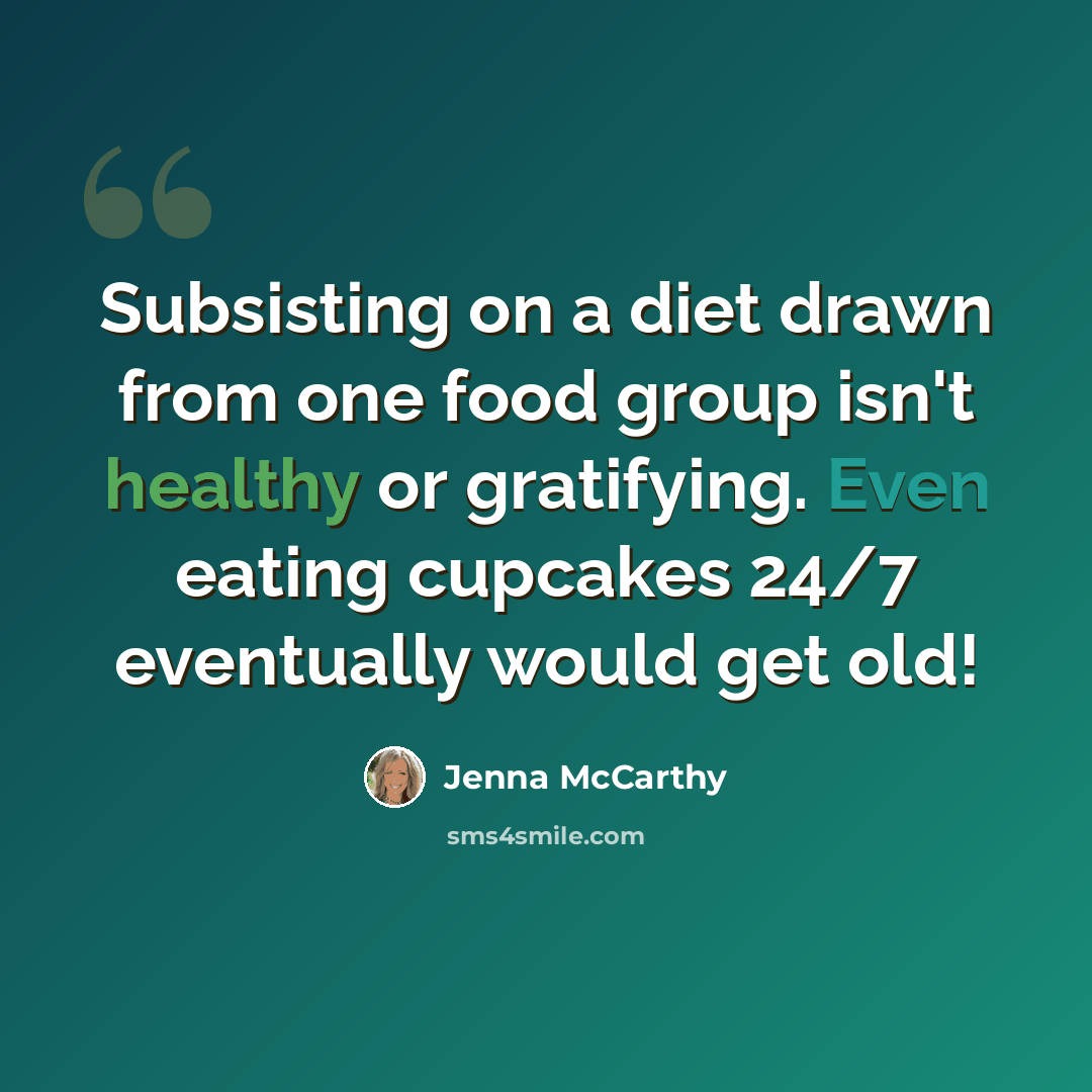 “Subsisting on a diet drawn from one food group isn't healthy or gratifying. Even eating cupcakes 24/7 eventually would get old!” quote by Jenna McCarthy