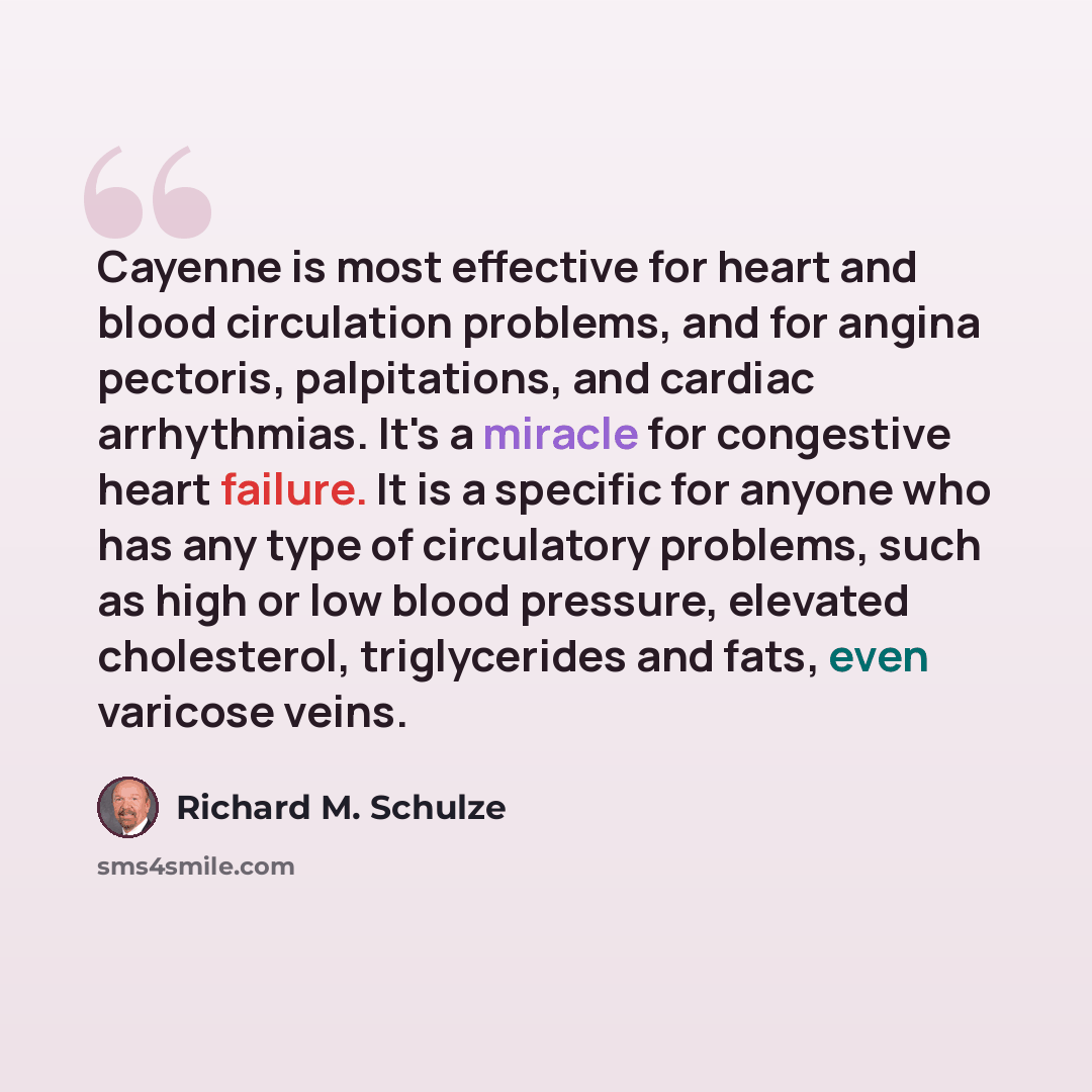 “Cayenne is most effective for heart and blood circulation problems, and for angina pectoris, palpitations, and cardiac arrhythmias. It's a miracle for congestive heart failure. It is a specific for anyone who has any type of circulatory problems, such as high or low blood pressure, elevated…” quote by Richard M. Schulze