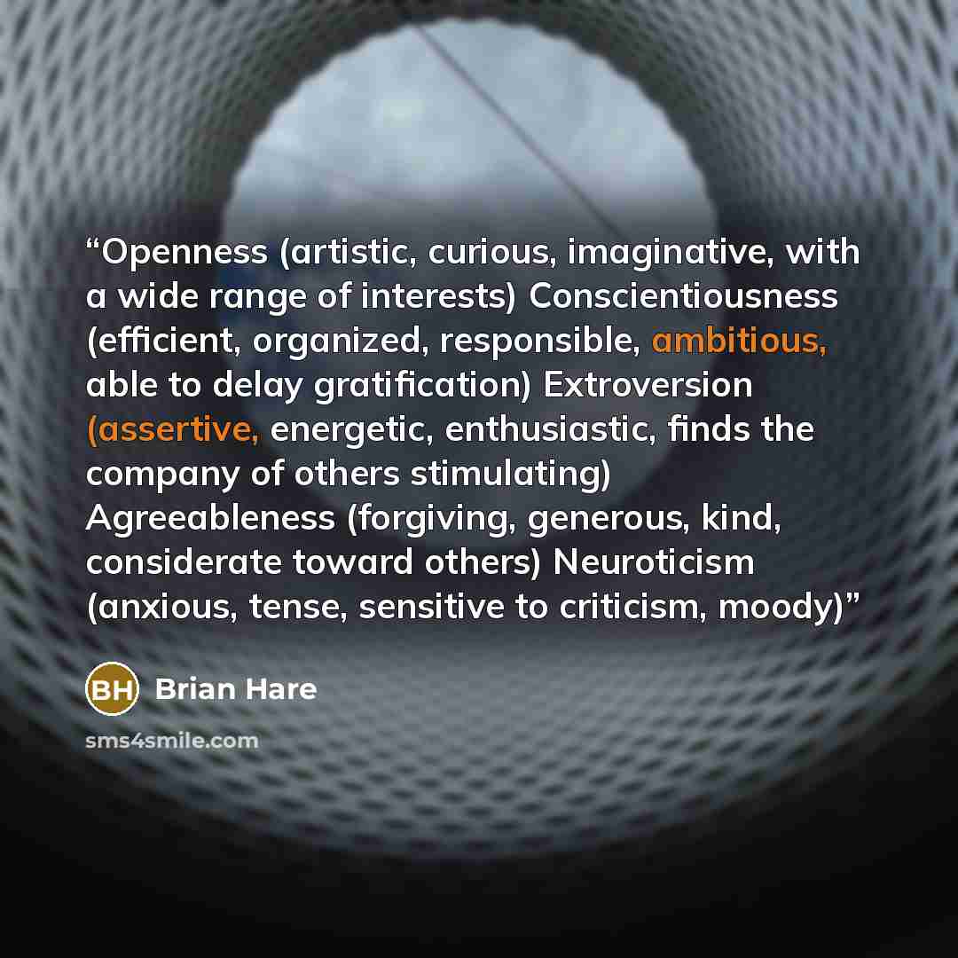 “Openness (artistic, curious, imaginative, with a wide range of interests) Conscientiousness (efficient, organized, responsible, ambitious, able to delay gratification) Extroversion (assertive, energetic, enthusiastic, finds the company of others stimulating) Agreeableness (forgiving, generous…” quote by Brian Hare