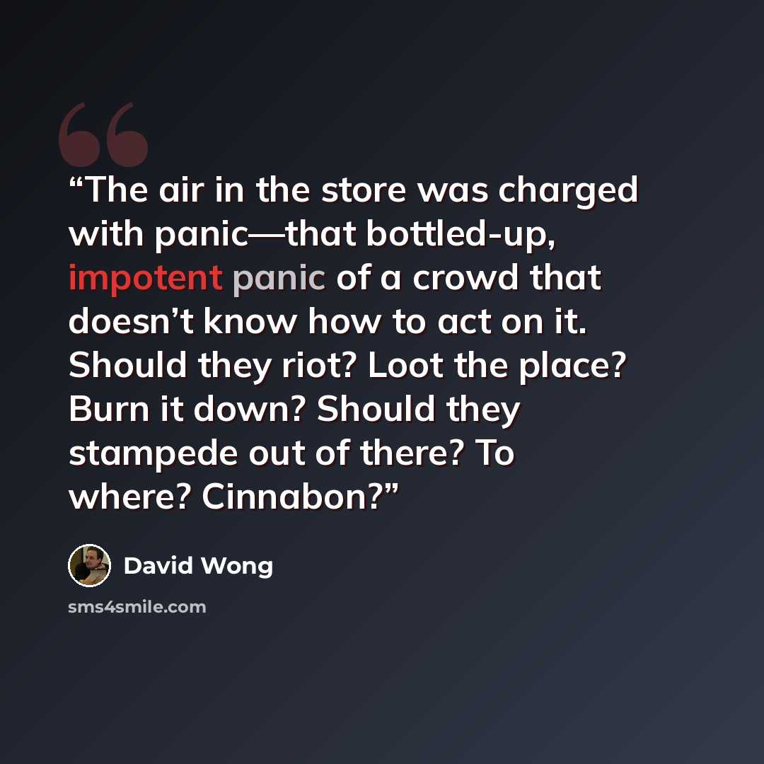“The air in the store was charged with panic—that bottled-up, impotent panic of a crowd that doesn’t know how to act on it. Should they riot? Loot the place? Burn it down? Should they stampede out of there? To where? Cinnabon?” quote by David Wong