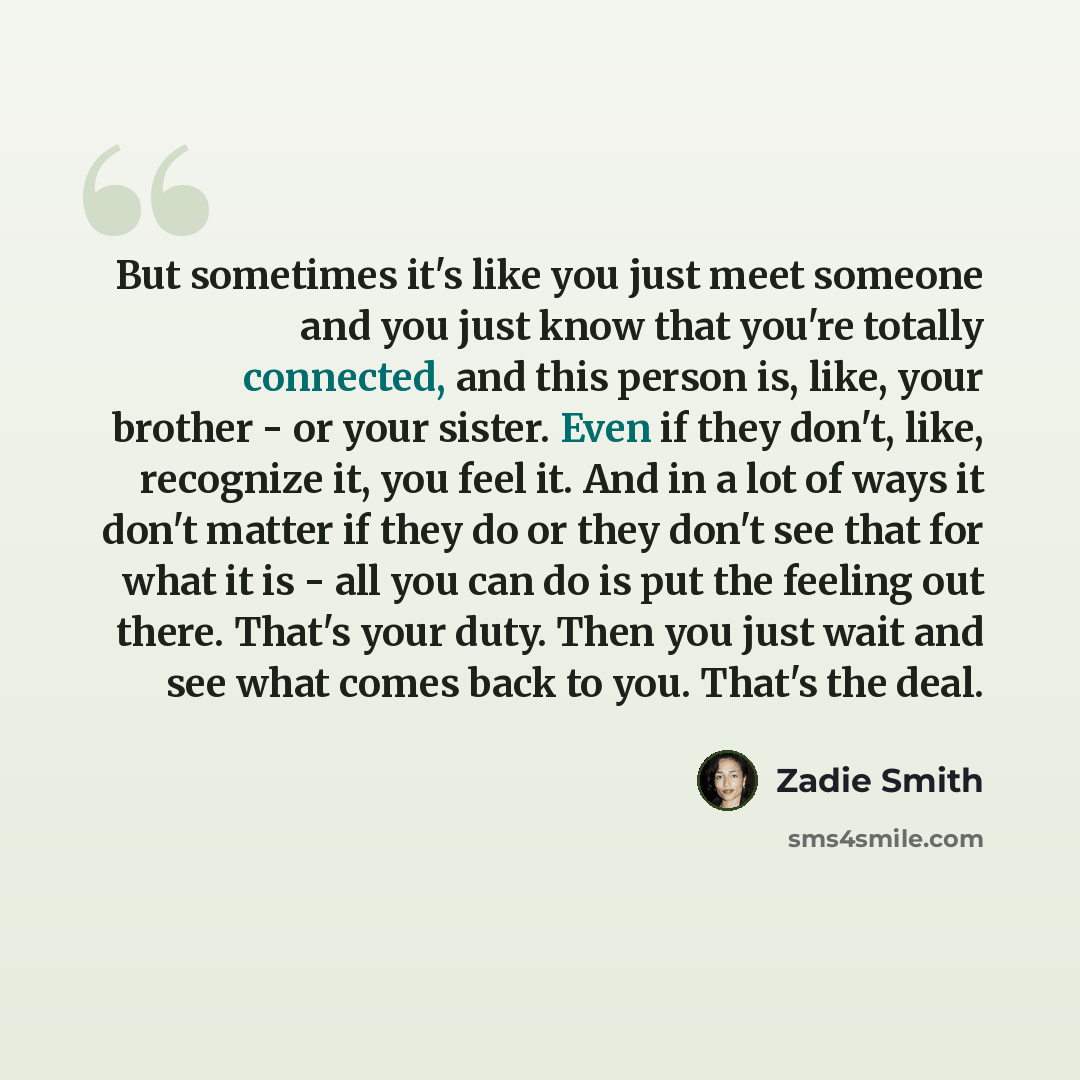 “But sometimes it's like you just meet someone and you just know that you're totally connected, and this person is, like, your brother - or your sister. Even if they don't, like, recognize it, you feel it. And in a lot of ways it don't matter if they do or they don't see that for what it is - all…” quote by Zadie Smith