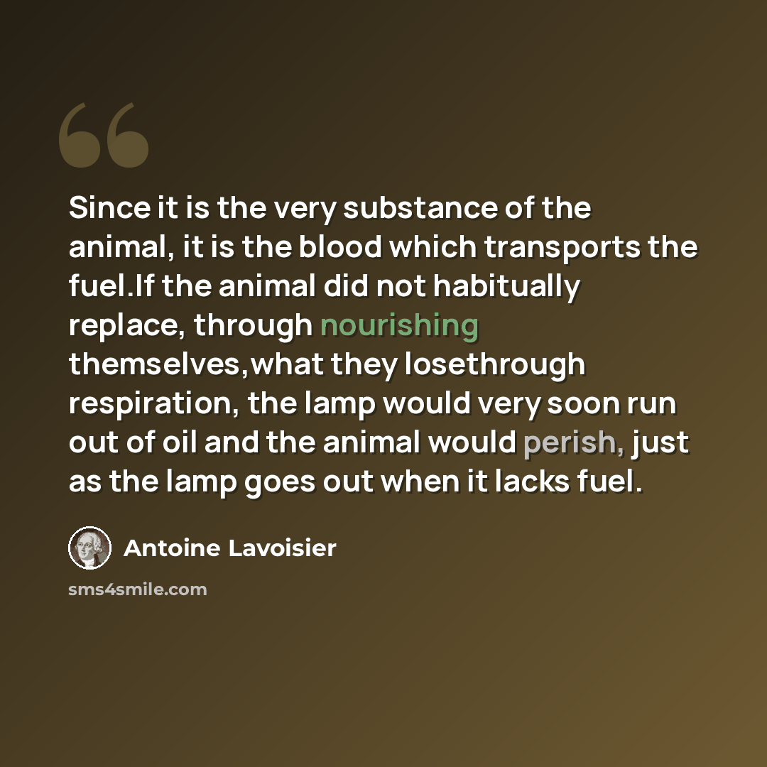 “Since it is the very substance of the animal, it is the blood which transports the fuel.If the animal did not habitually replace, through nourishing themselves,what they losethrough respiration, the lamp would very soon run out of oil and the animal would perish, just as the lamp goes out when it…” quote by Antoine Lavoisier