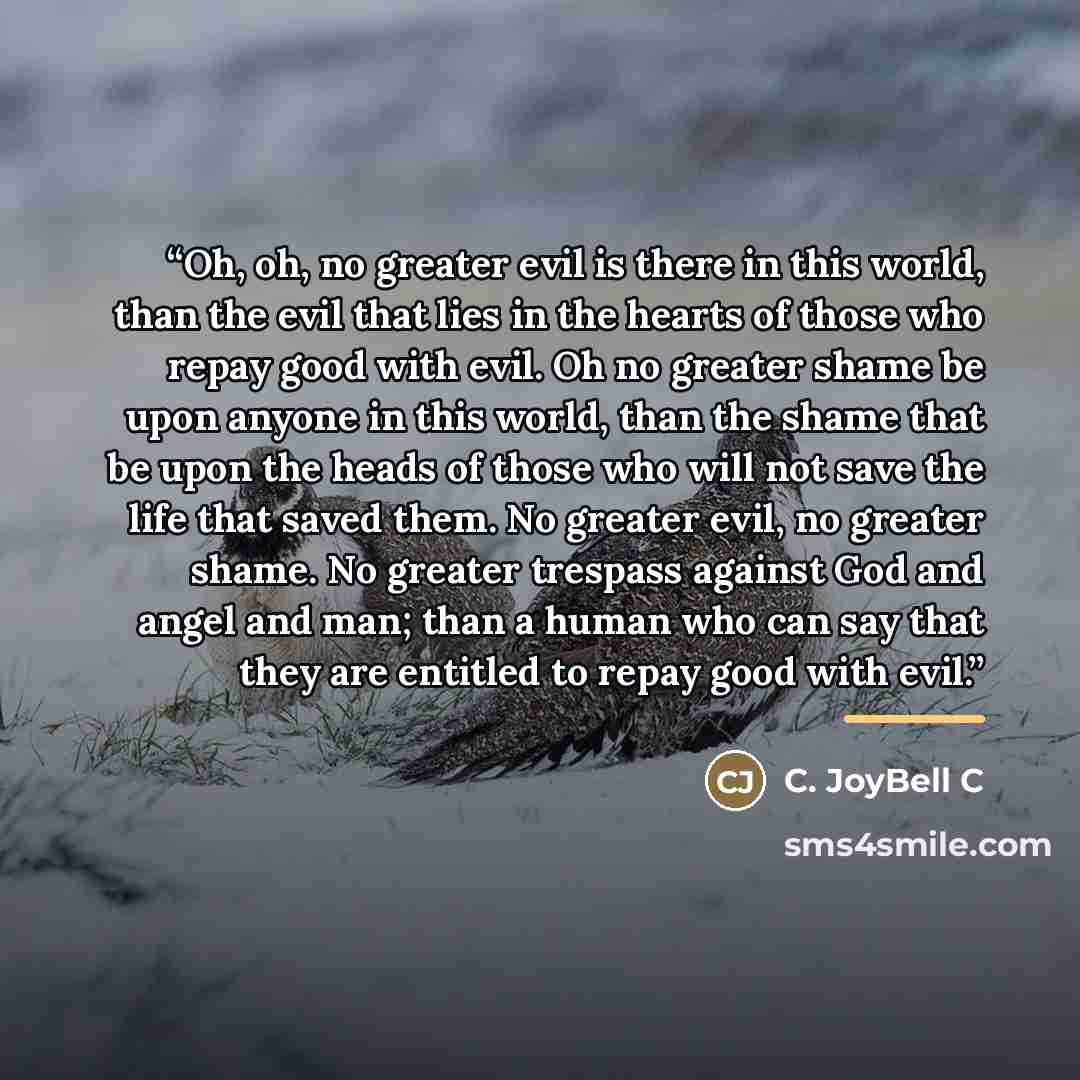 “Oh, oh, no greater evil is there in this world, than the evil that lies in the hearts of those who repay good with evil. Oh no greater shame be upon anyone in this world, than the shame that be upon the heads of those who will not save the life that saved them. No greater evil, no greater shame…” quote by C. JoyBell C
