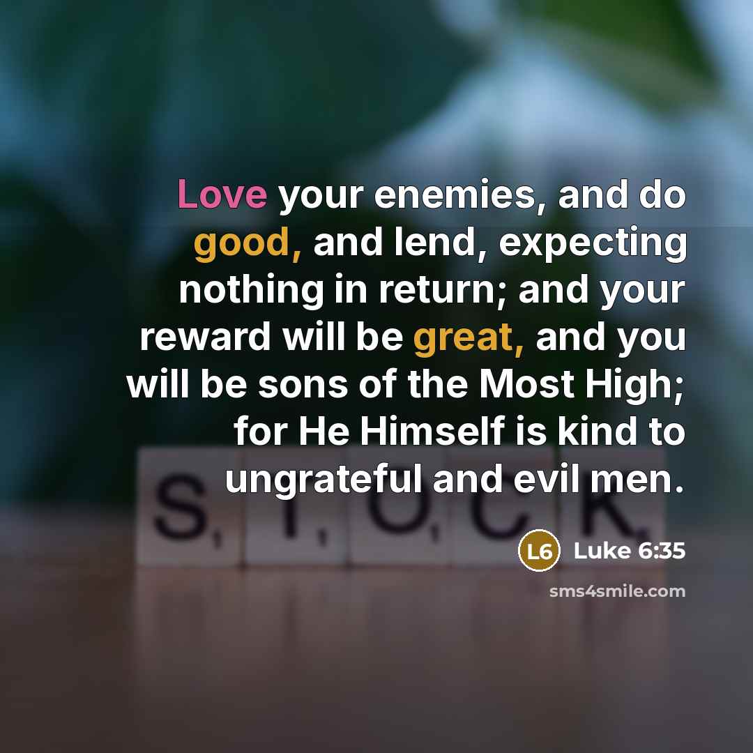 “Love your enemies, and do good, and lend, expecting nothing in return; and your reward will be great, and you will be sons of the Most High; for He Himself is kind to ungrateful and evil men.” quote by Luke 6:35