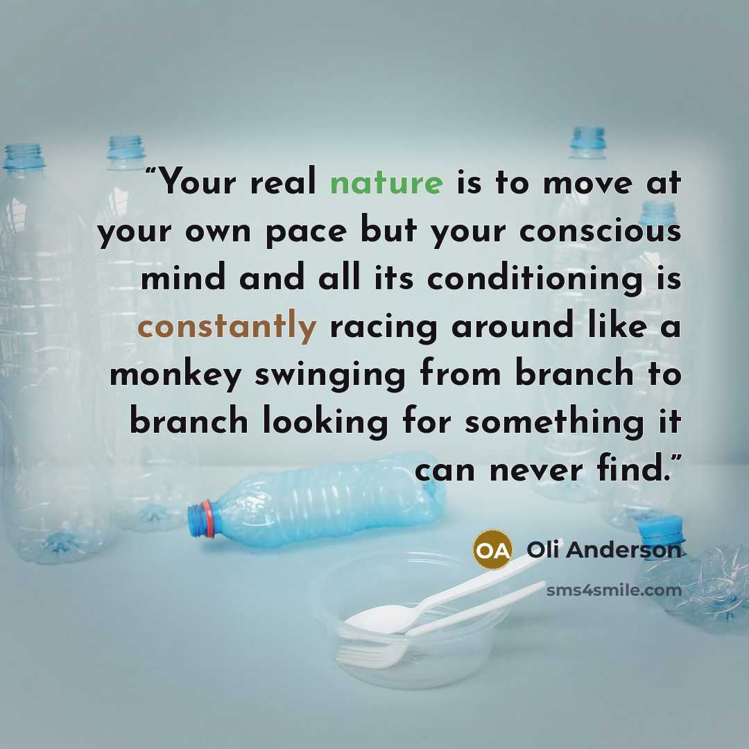 “Your real nature is to move at your own pace but your conscious mind and all its conditioning is constantly racing around like a monkey swinging from branch to branch looking for something it can never find.” quote by Oli Anderson