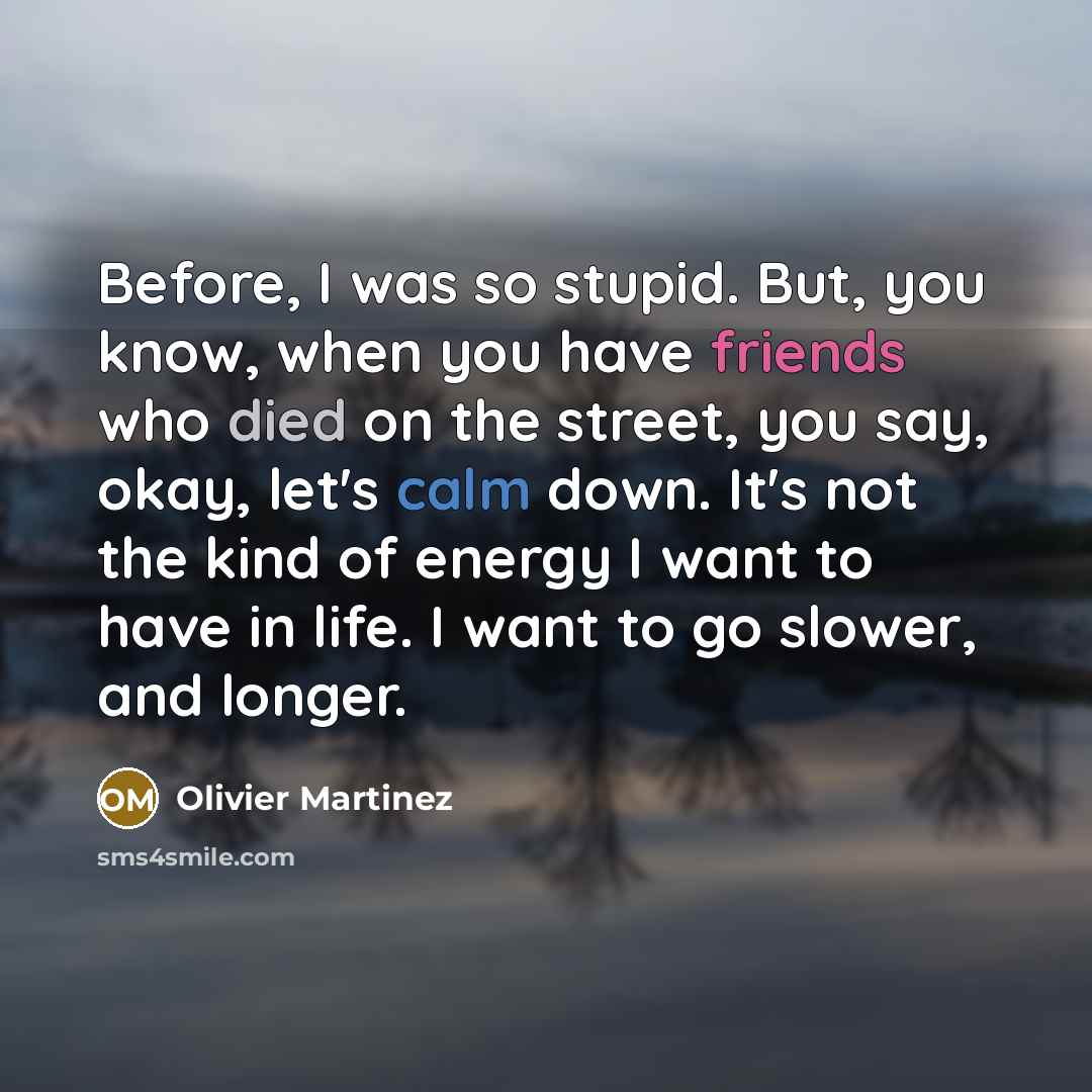 “Before, I was so stupid. But, you know, when you have friends who died on the street, you say, okay, let's calm down. It's not the kind of energy I want to have in life. I want to go slower, and longer.” quote by Olivier Martinez