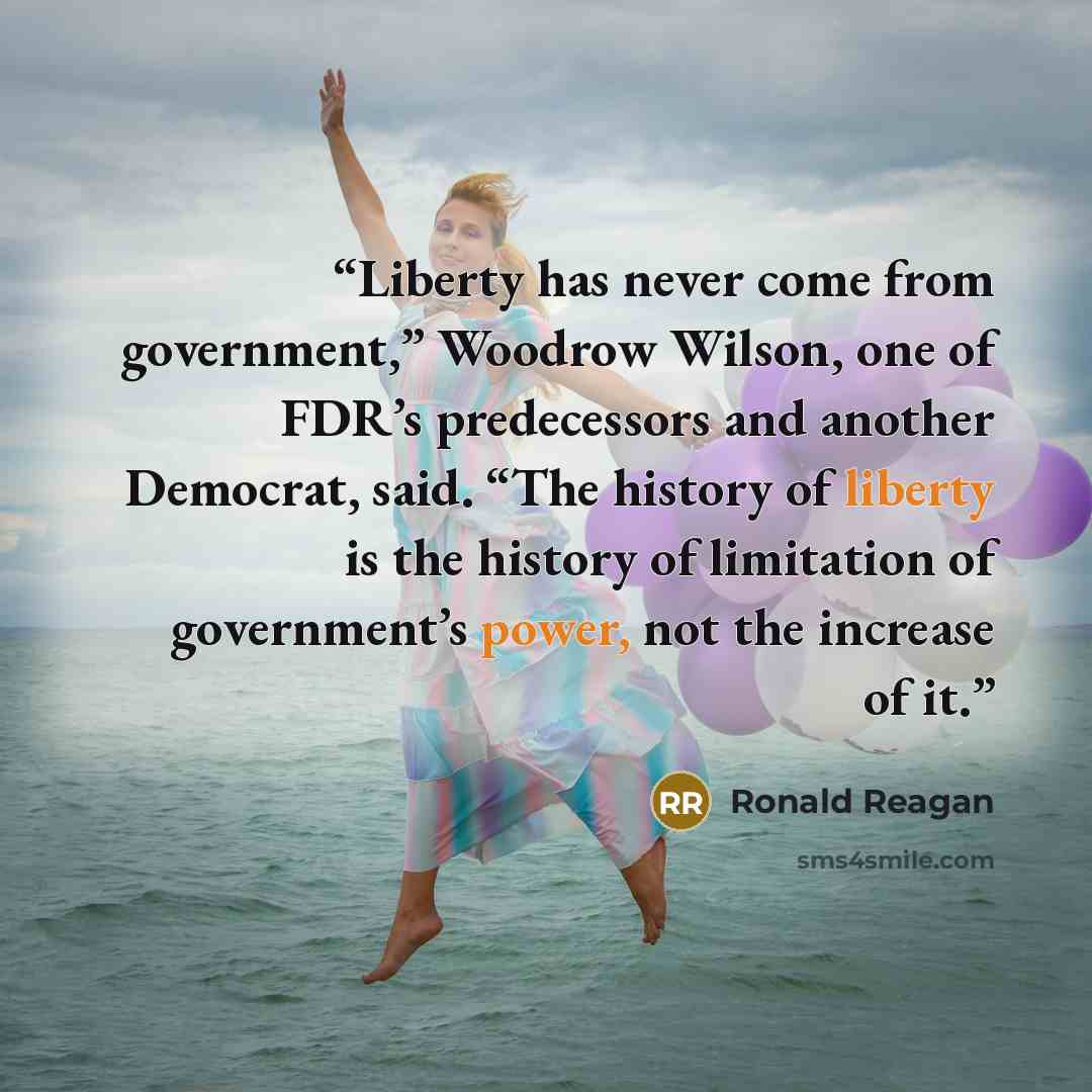 “Liberty has never come from government,” Woodrow Wilson, one of FDR’s predecessors and another Democrat, said. “The history of liberty is the history of limitation of government’s power, not the increase of it.” quote by Ronald Reagan