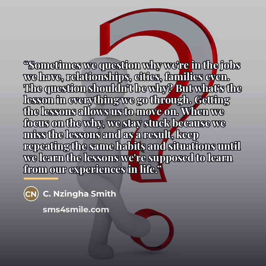 “Sometimes we question why we're in the jobs we have, relationships, cities, families even. The question shouldn't be why? But what's the lesson in everything we go through. Getting the lessons allows us to move on. When we focus on the why, we stay stuck because we miss the lessons and as a…” quote by C. Nzingha Smith