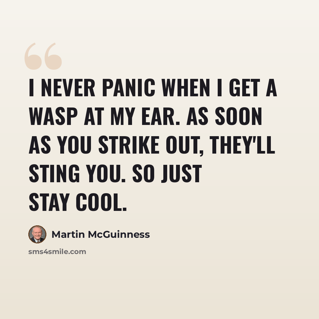 “I never panic when I get a wasp at my ear. As soon as you strike out, they'll sting you. So just stay cool.” quote by Martin McGuinness