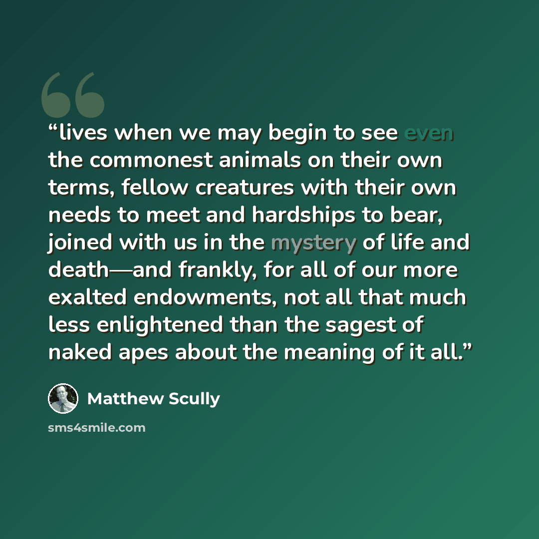 “lives when we may begin to see even the commonest animals on their own terms, fellow creatures with their own needs to meet and hardships to bear, joined with us in the mystery of life and death—and frankly, for all of our more exalted endowments, not all that much less enlightened than the sagest…” quote by Matthew Scully
