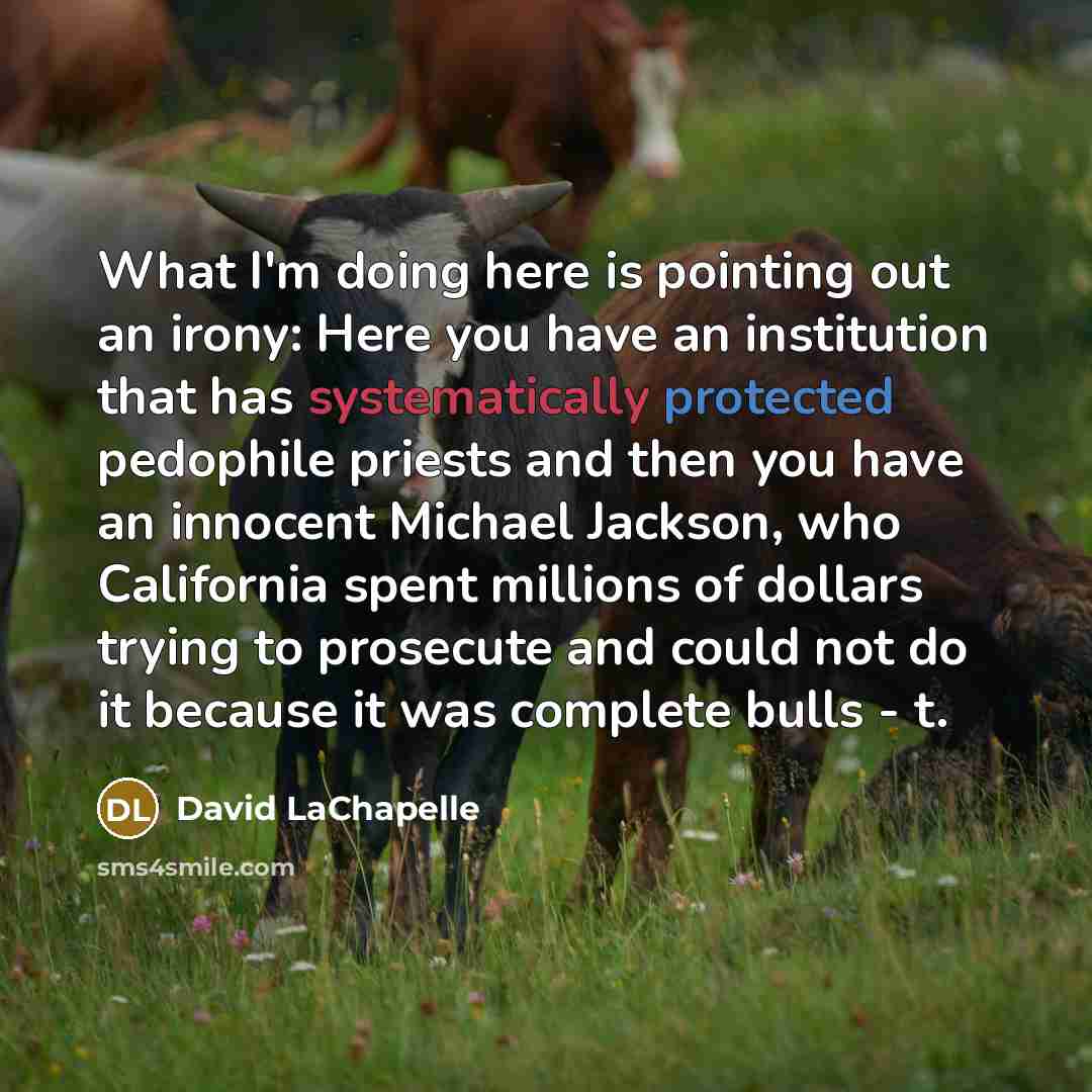 “What I'm doing here is pointing out an irony: Here you have an institution that has systematically protected pedophile priests and then you have an innocent Michael Jackson, who California spent millions of dollars trying to prosecute and could not do it because it was complete bulls - t.” quote by David LaChapelle