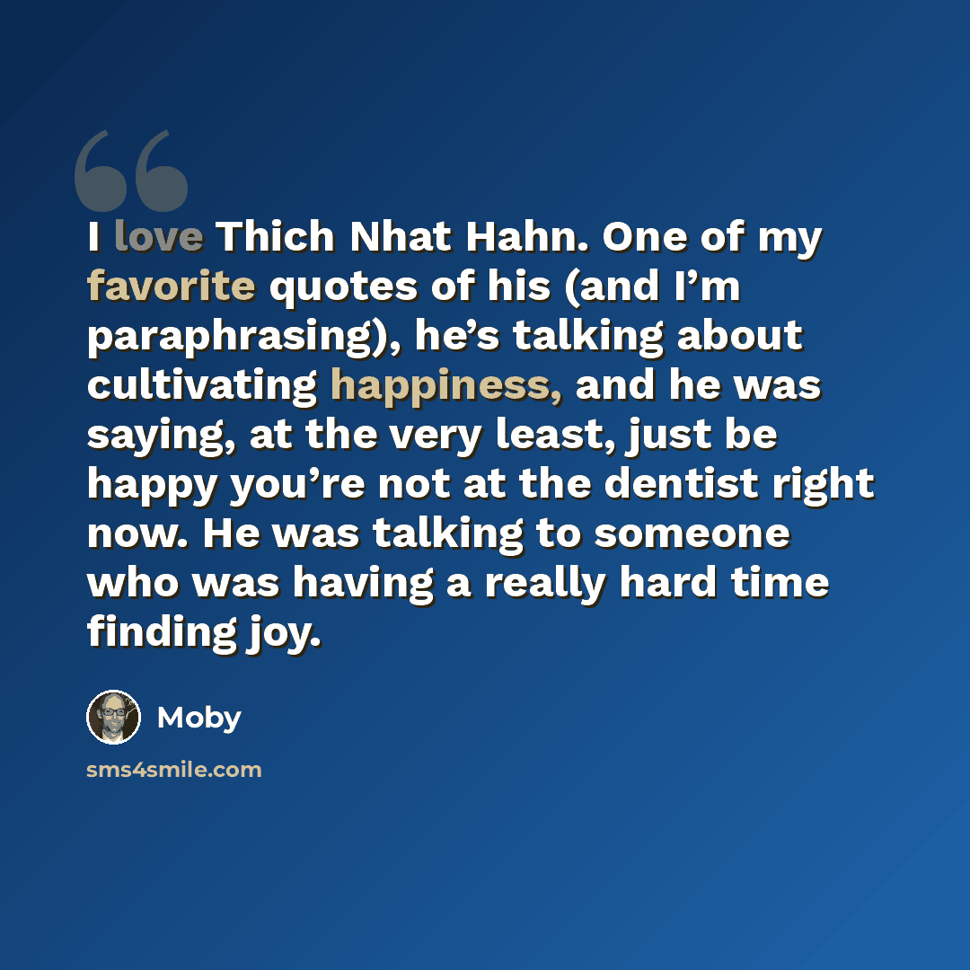 “I love Thich Nhat Hahn. One of my favorite quotes of his (and I’m paraphrasing), he’s talking about cultivating happiness, and he was saying, at the very least, just be happy you’re not at the dentist right now. He was talking to someone who was having a really hard time finding joy.” quote by Moby