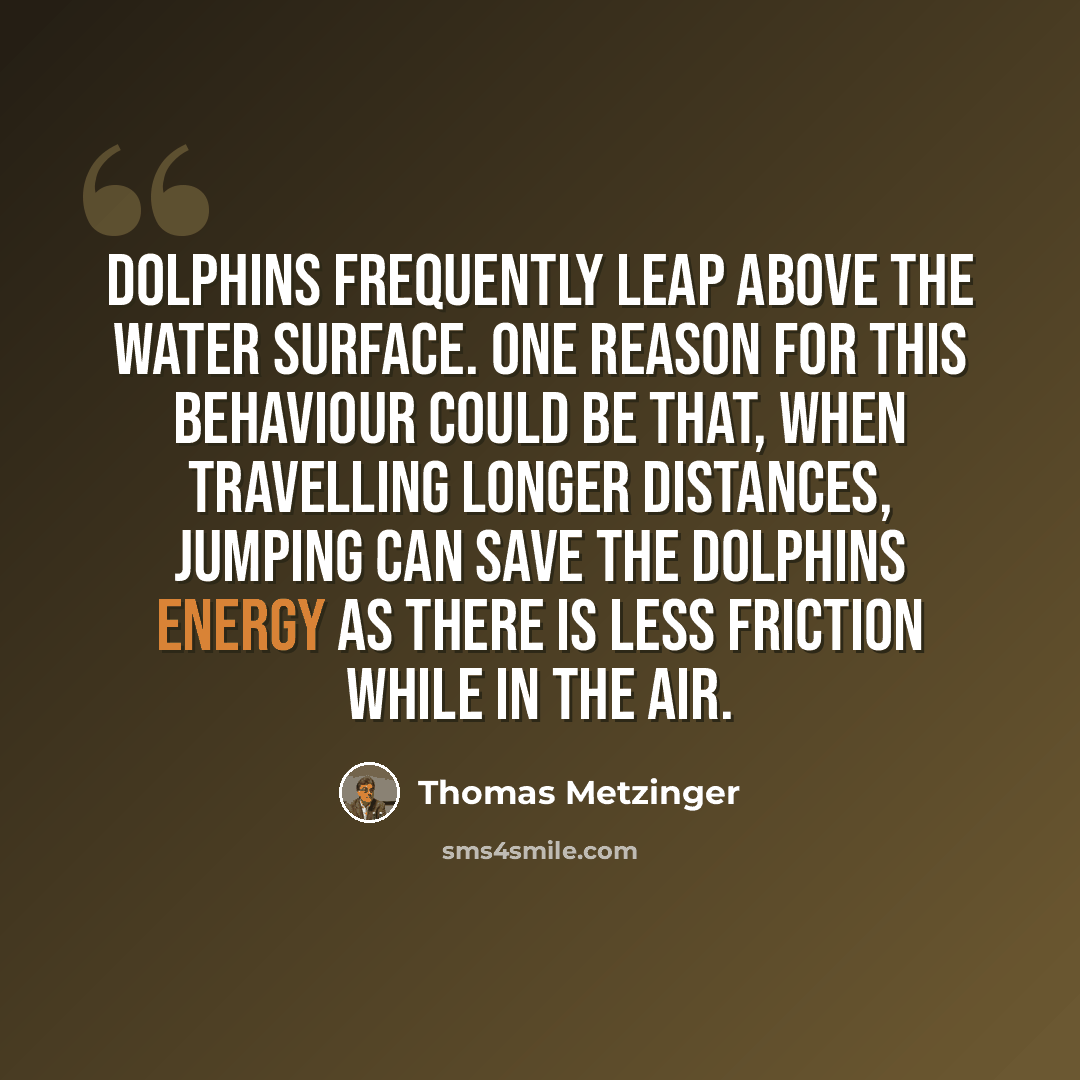 “Dolphins frequently leap above the water surface. One reason for this behaviour could be that, when travelling longer distances, jumping can save the dolphins energy as there is less friction while in the air.” quote by Thomas Metzinger